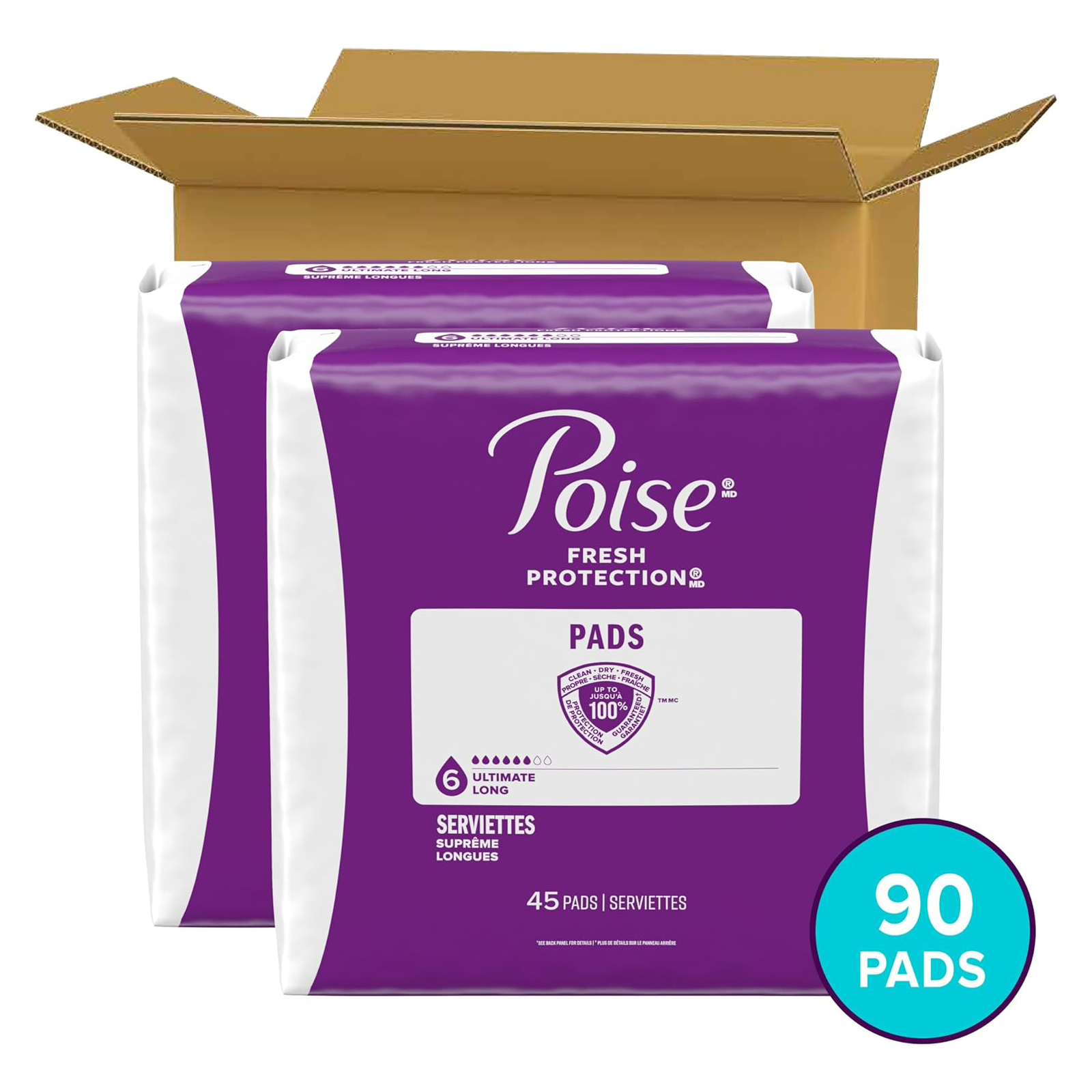 Poise Incontinence & Postpartum Pads for Bladder Leaks, 6 Drop Ultimate Absorbency, Long Length, 90 Count, Packaging May Vary