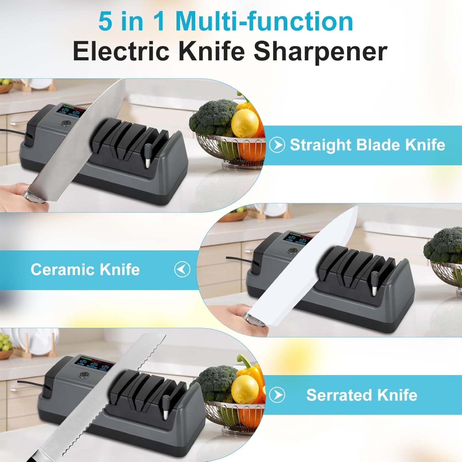 Upgrade 5 in 1 Electric Knife Sharpener with LCD Screen, 3 Rotational Speed Adjustable, 100% Diamond Abrasives, knife sharpener for Straight, Serrated, Meat Cleaver, Ceramic Knives & Scissors, Gray