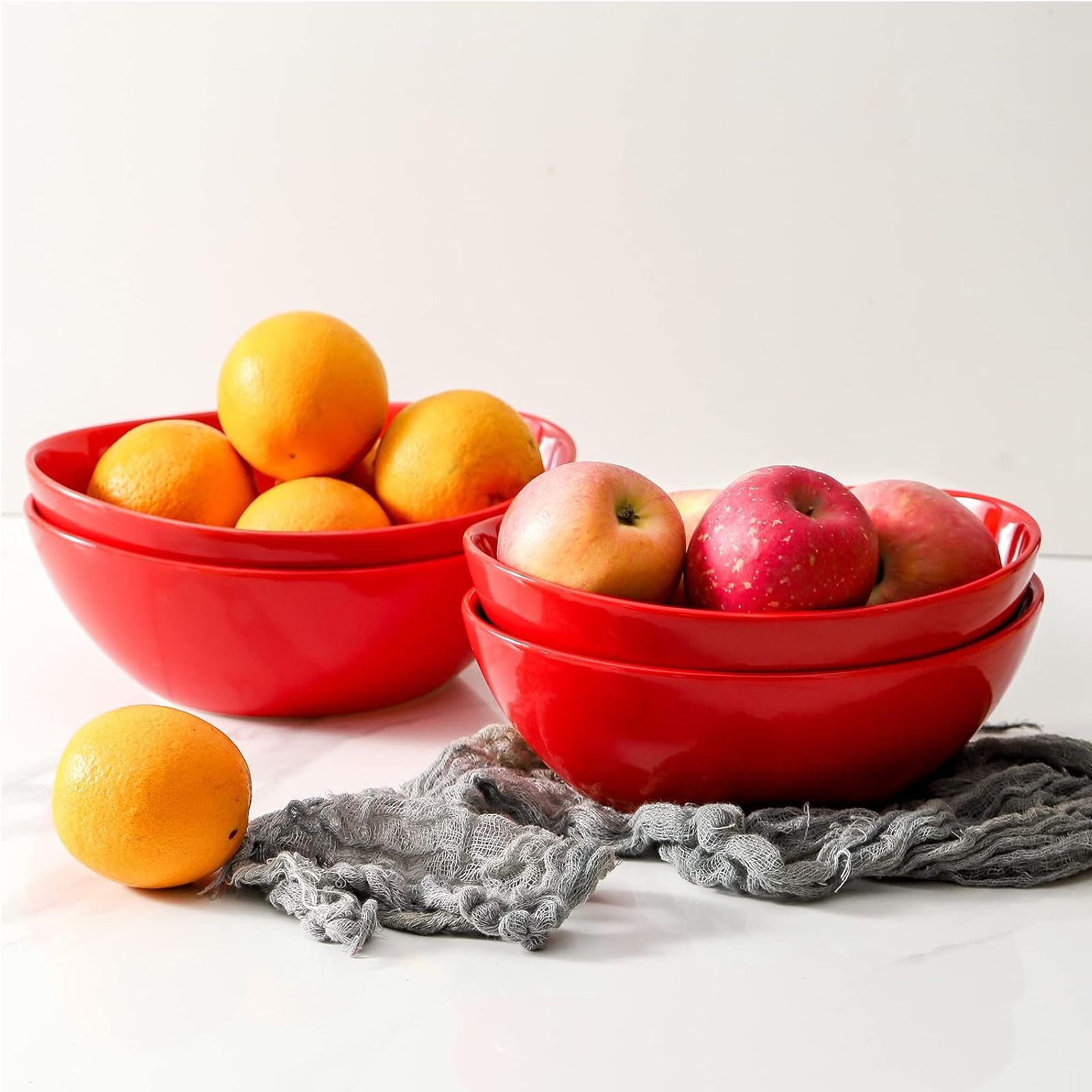 Hasense Porcelain Salad Bowls, Large Serving Dish for Entertaining, 42 Ounce Stackable Dinner Bowls Set of 4 for Salads Cereal Soup Pasta, Dishwasher Microwave Safe, Christmas Holiday Gift, Red