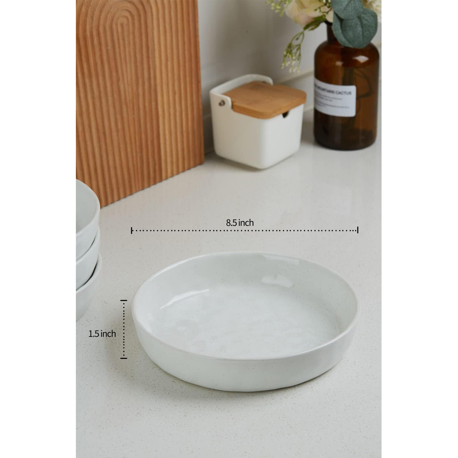famiware Mars 4 Pieces Pasta Bowls Set, 8.5 inch Salad Bowls, Large Capacity, Bowl Sets with Brown Speckled, Microwave & Dishwasher Safe, White