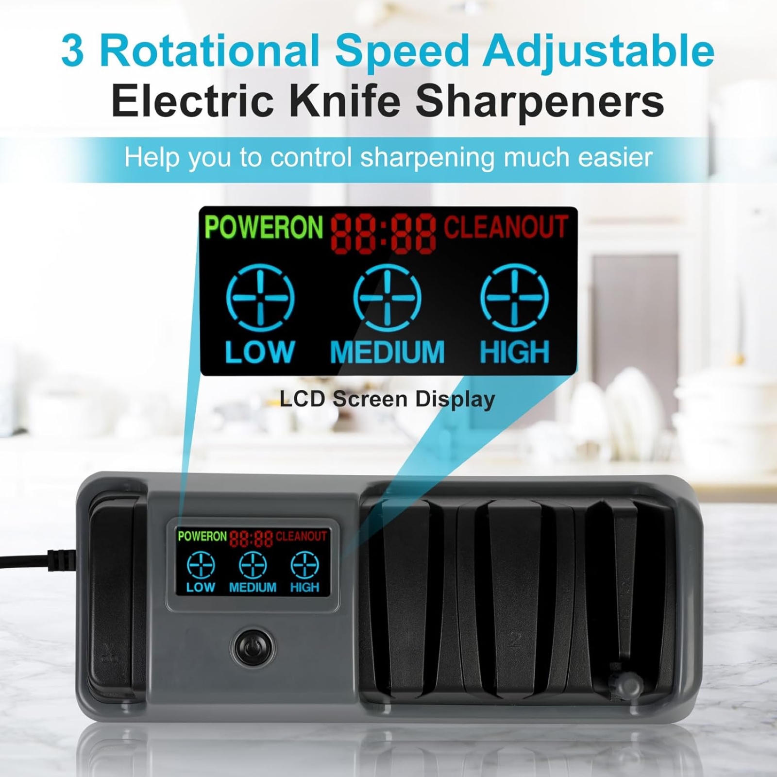Upgrade 5 in 1 Electric Knife Sharpener with LCD Screen, 3 Rotational Speed Adjustable, 100% Diamond Abrasives, knife sharpener for Straight, Serrated, Meat Cleaver, Ceramic Knives & Scissors, Gray