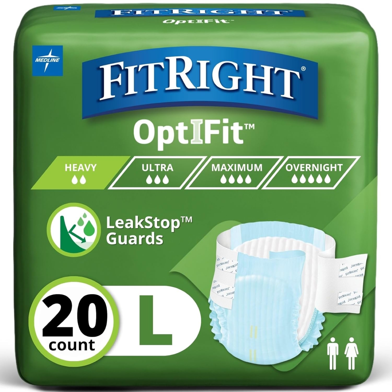 Extra+ OptiFit Heavy Absorbency Adult Diapers, FSA/HSA Eligible,20 Count, Waist Size 44"-56" ,L , Incontinence Briefs for Men and Women, Disposable, Moisture Wicking, Leak Protection