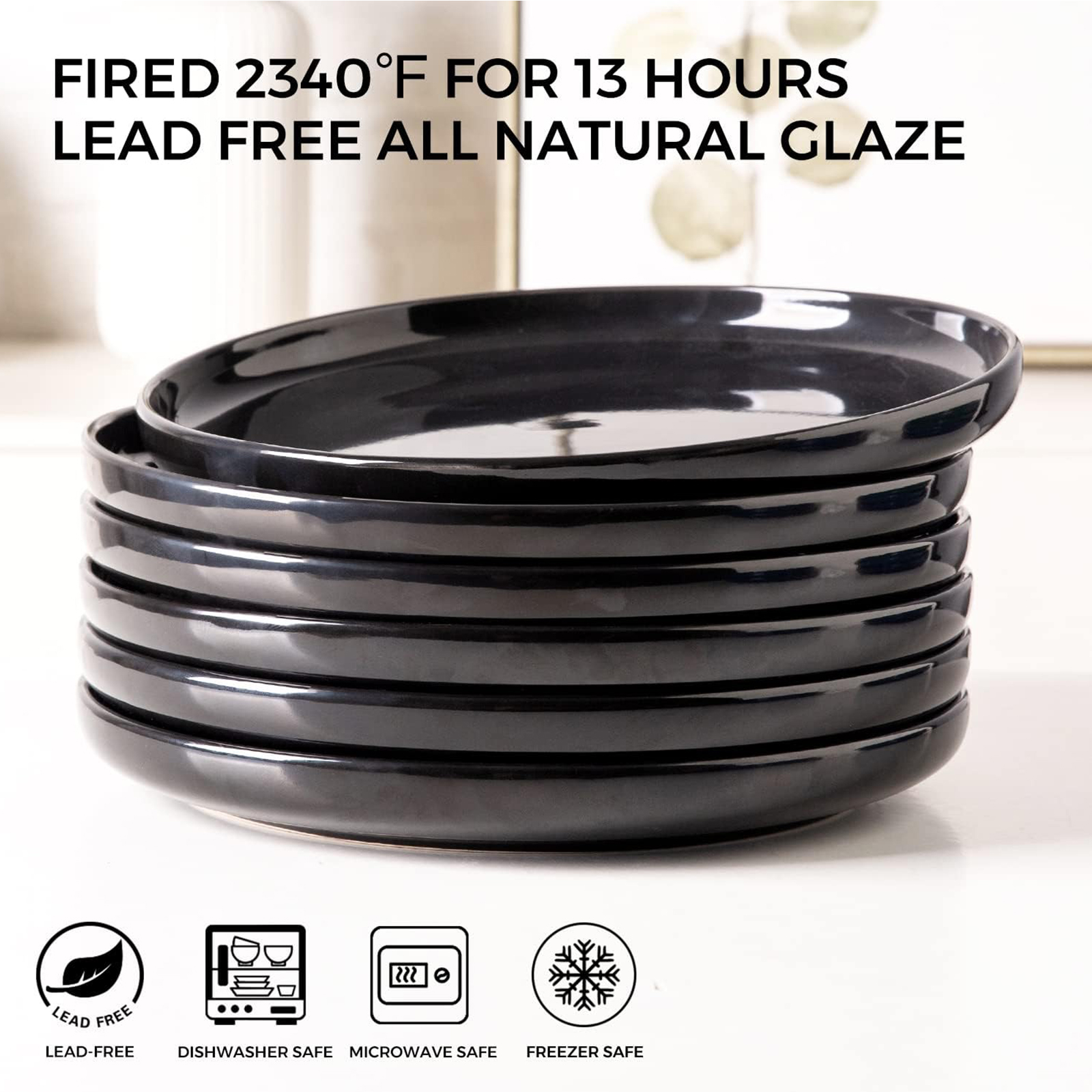 AmorArc Ceramic Dinner Plates Set of 6,10.5 inch Stoneware plates for Kitchen, Dinnerware Dishes set- Microwave,Dishwasher Safe,Scratch Resistant -Black
