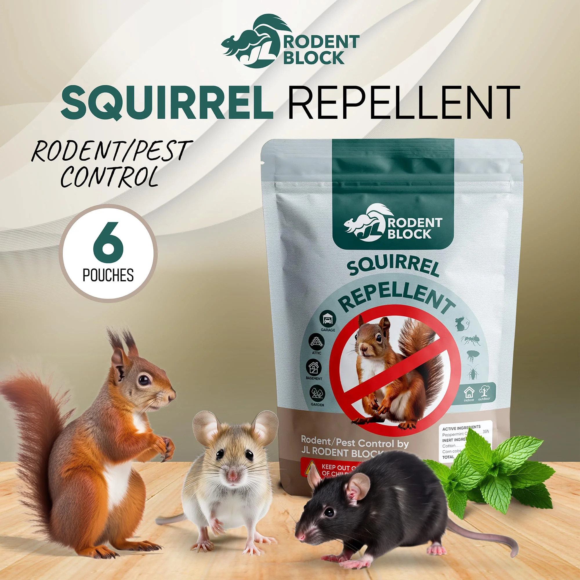 JL Rodent Block Squirrel Repellent Pouch 6-Pack - Powerful Against Mice, Racoons, Chipmunks, Snakes, Mosquitos, Ants. All Natural Ingredients, Refillable Mesh Bag & Carabiner for Hanging
