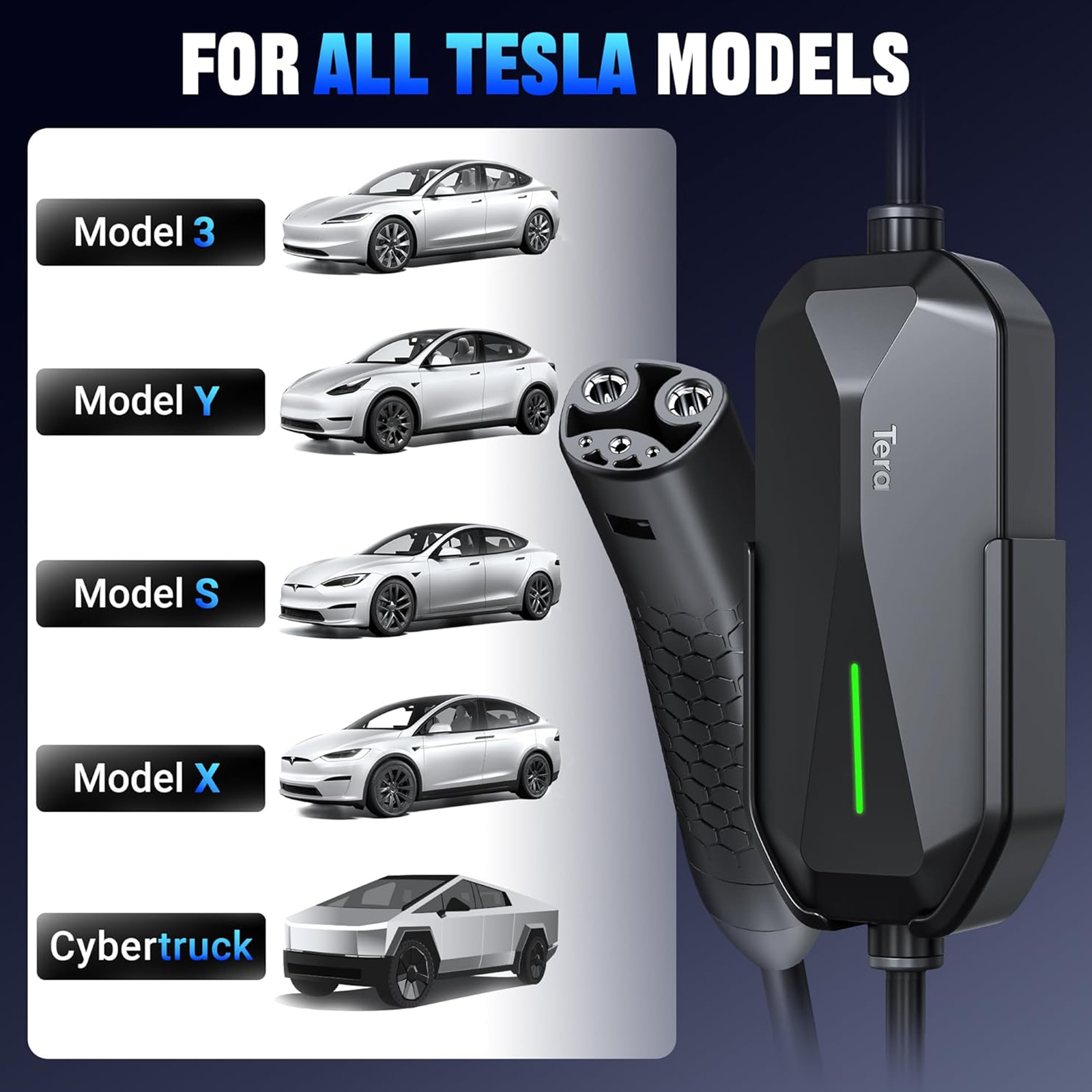 Tera 2025 New Electric Vehicle Charger for Tesla Most Compact 40A 25FT NACS ETL FCC Level 2 NEMA 14-50 & NEMA 5-15 Level 1 Waterproof Patent IP66 Portable EV Charger for Tesla Y/3/S/X Cybertruck P05
