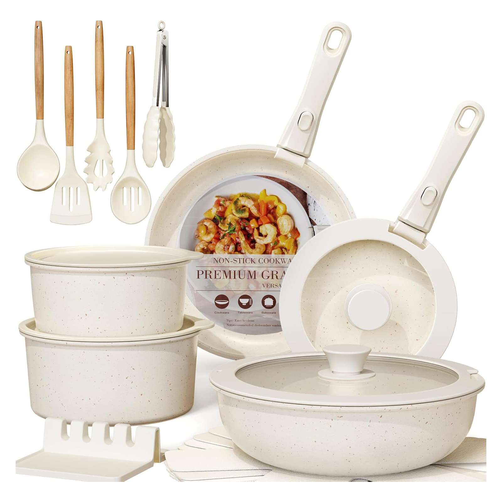 Astercook 21 Pcs Pots and Pans Set Non Stick, Ceramic Cookware Set Detachable Handle, RV Kitchen Cooking Set Removable Handles, Oven Safe, Induction Ready, Stackable Non-stick Set, Cream White