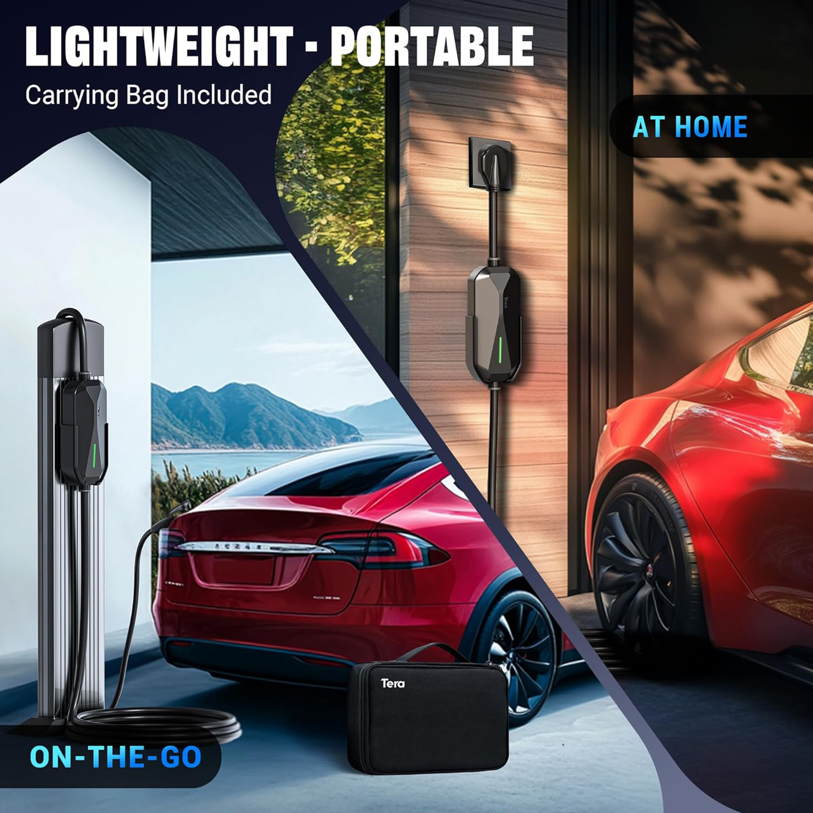 Tera 2025 New Electric Vehicle Charger for Tesla Most Compact 40A 25FT NACS ETL FCC Level 2 NEMA 14-50 & NEMA 5-15 Level 1 Waterproof Patent IP66 Portable EV Charger for Tesla Y/3/S/X Cybertruck P05