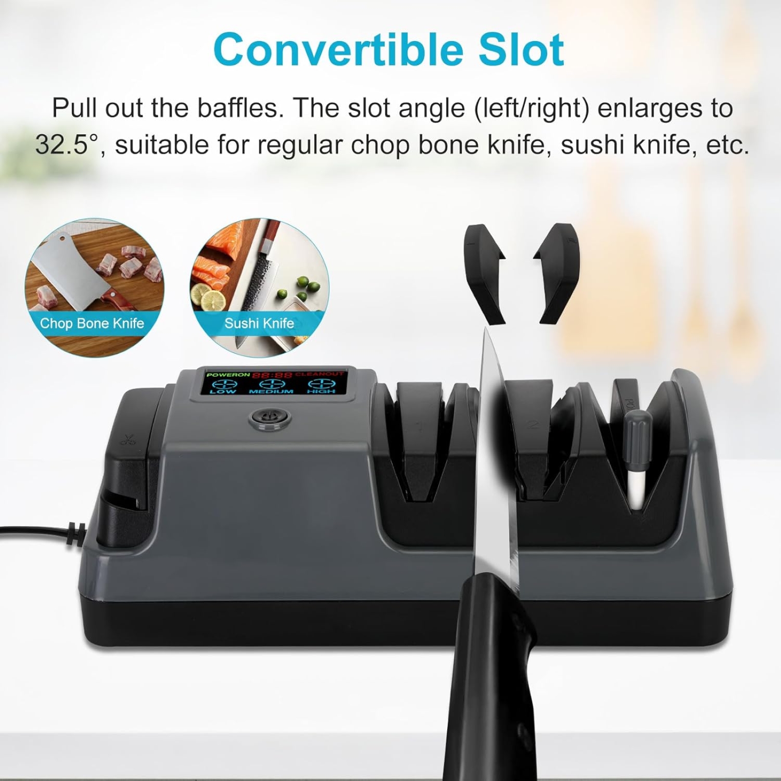 Upgrade 5 in 1 Electric Knife Sharpener with LCD Screen, 3 Rotational Speed Adjustable, 100% Diamond Abrasives, knife sharpener for Straight, Serrated, Meat Cleaver, Ceramic Knives & Scissors, Gray