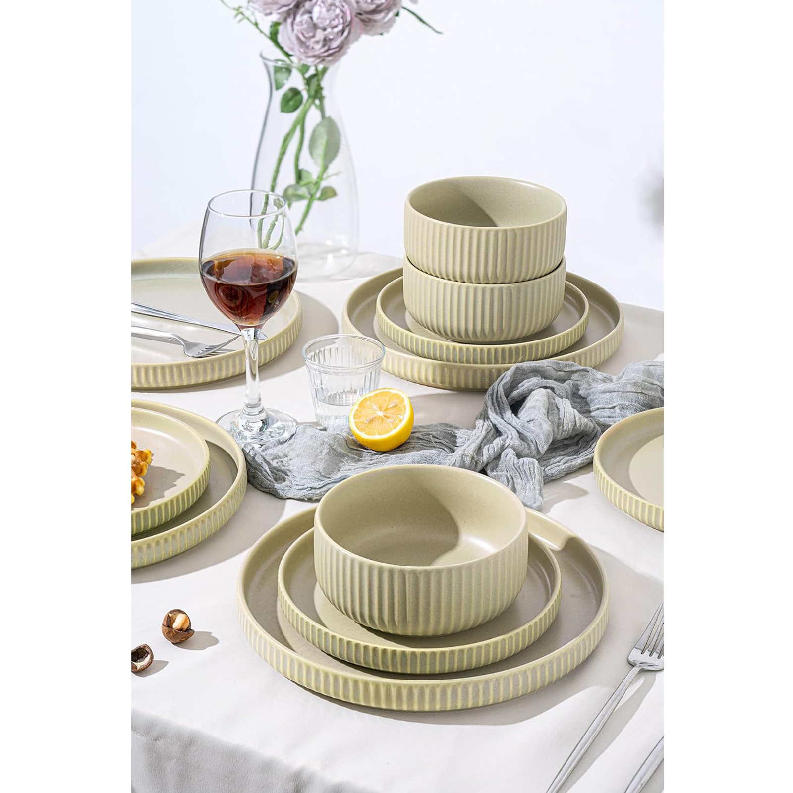 FOBENTA Dinnerware Sets for 4,Microwave Safe Plates and Bowls Sets,12 Piece Dylan Dish Set,Reactive Glaze Stoneware Dinnerware Set (Matte Reactive Glaze-Sage Green, Service for 4 (12pcs))