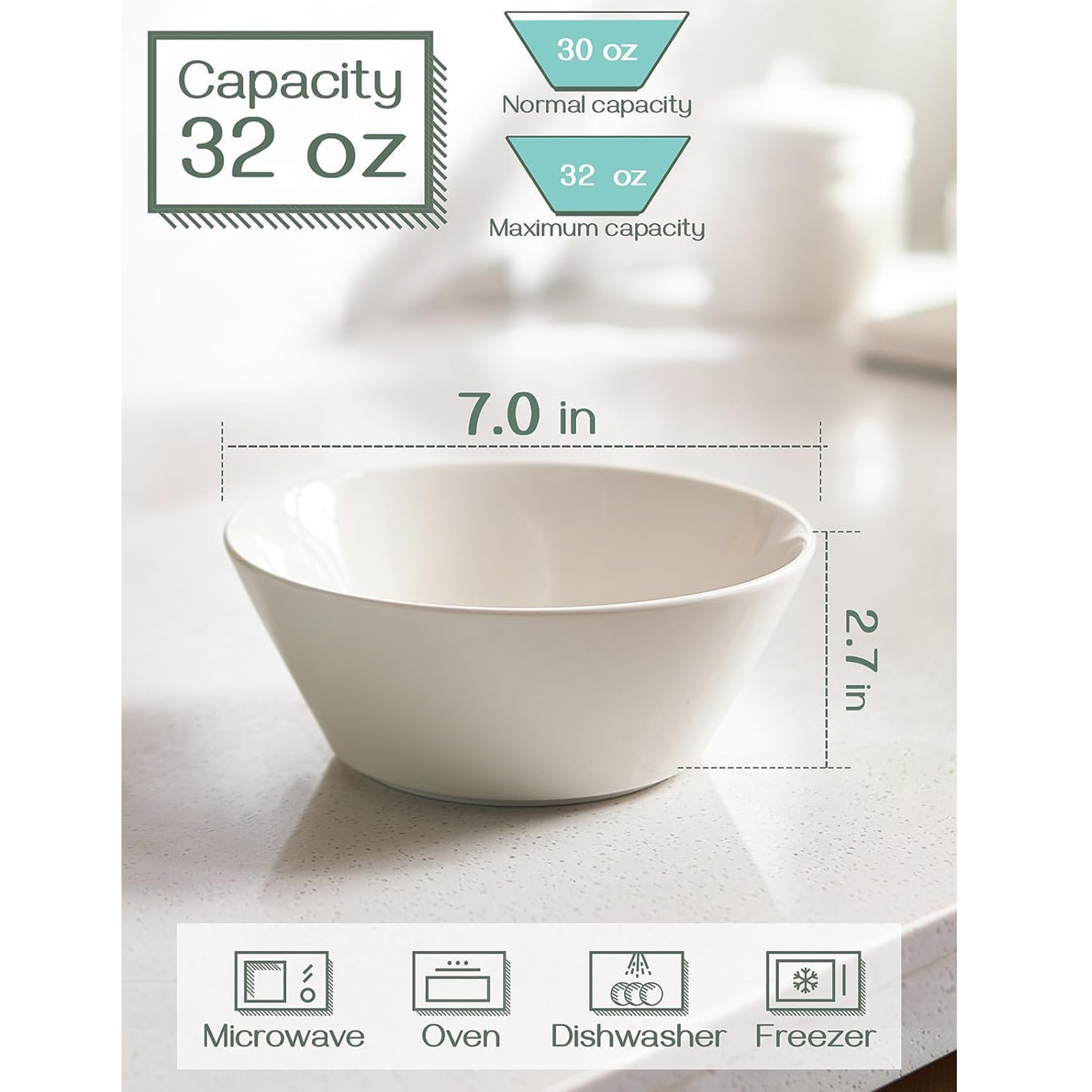 DOWAN 32 OZ Large Soup Bowls Set of 4 - White Ceramic Bowls for Ramen, Cereal, Pasta, Salad, Fruit - Dishwasher & Microwave Safe