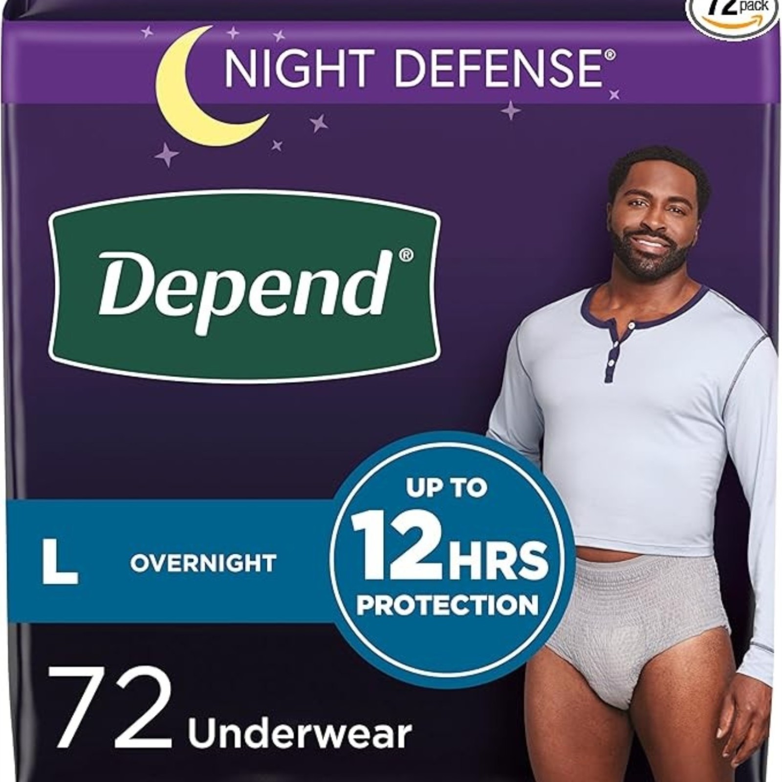 Depend Night Defense Adult Incontinence Underwear for Men, Disposable, Overnight, Large, Grey, 72 Count, Packaging May Vary