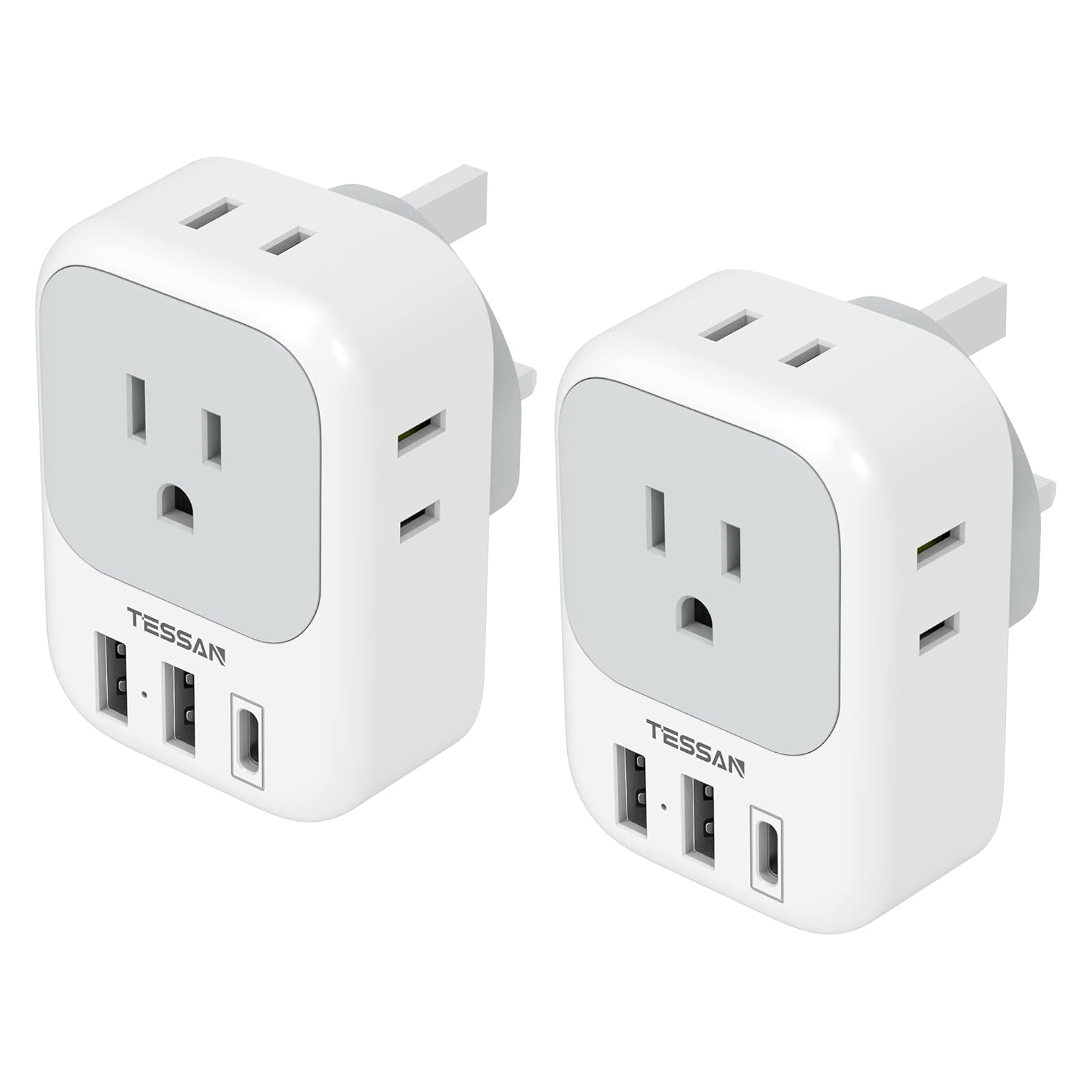 UK Adapters for Travel 2 Pack, TESSAN Type G US to UK Plug Adapter with 4 Outlets 3 USB Charger(1 USB C Port), Power Adaptor for USA to Ireland Scotland Dubai Hong Kong England British Kenya London