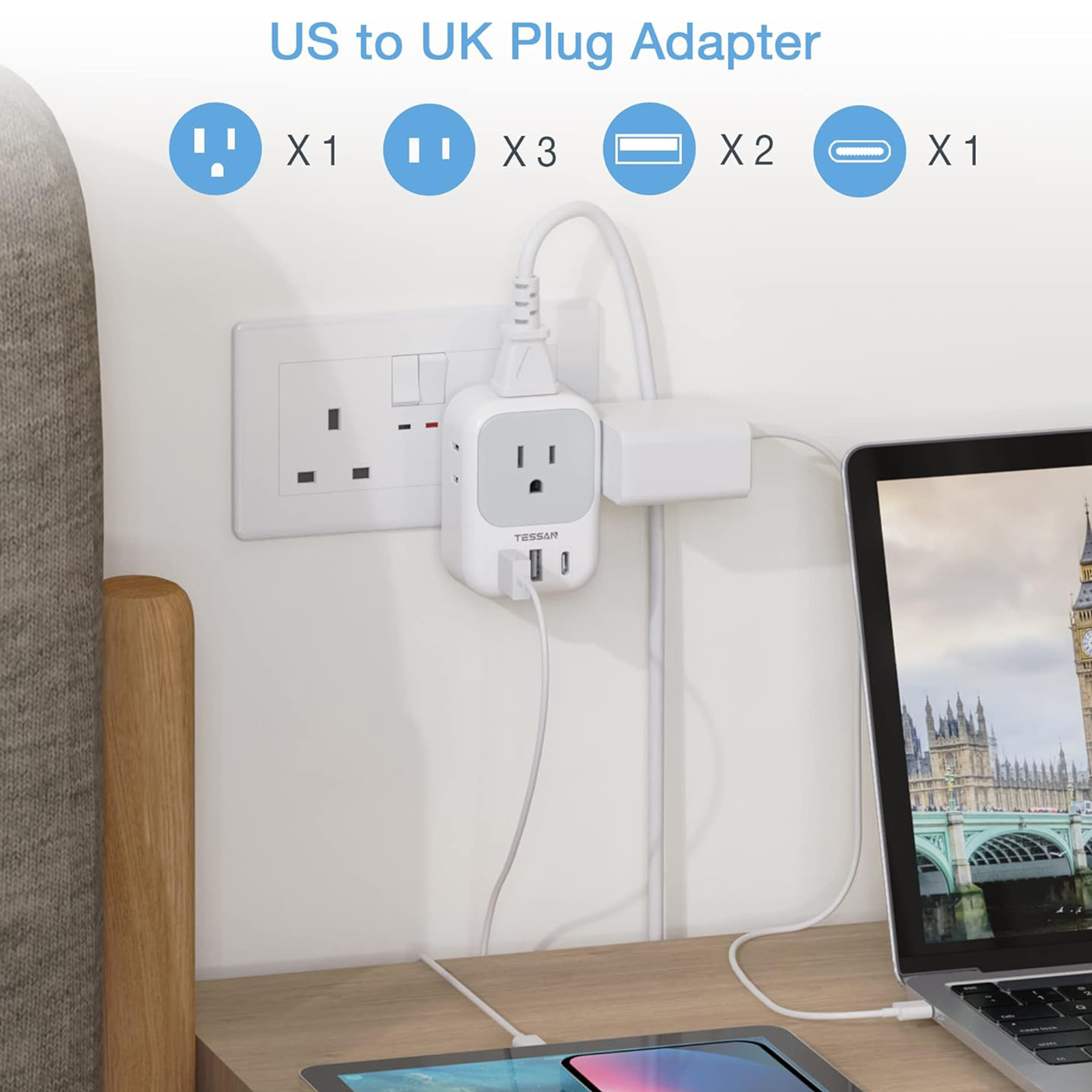UK Adapters for Travel 2 Pack, TESSAN Type G US to UK Plug Adapter with 4 Outlets 3 USB Charger(1 USB C Port), Power Adaptor for USA to Ireland Scotland Dubai Hong Kong England British Kenya London
