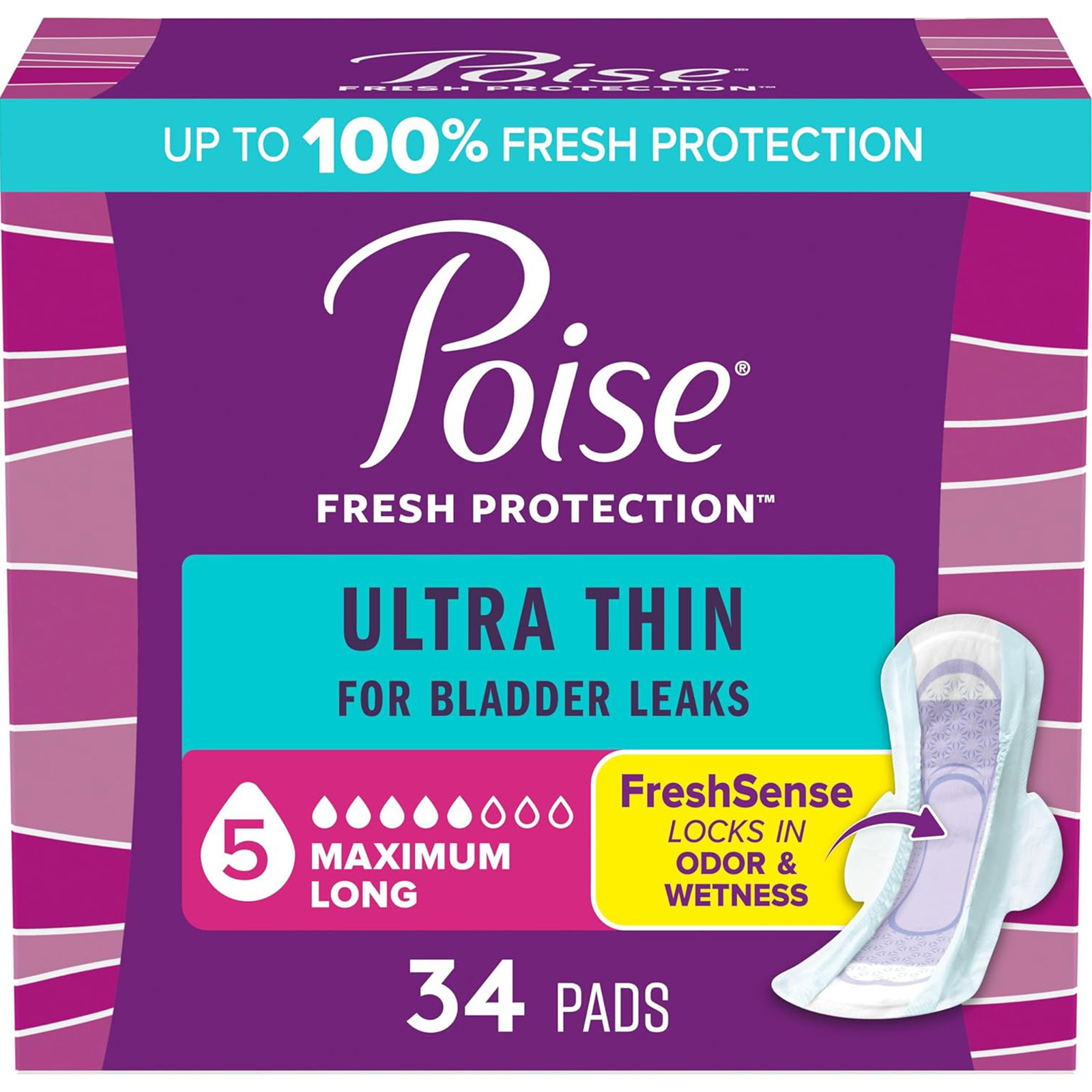 Poise Ultra Thin Incontinence Pads (Postpartum, Wings), 5 Drop Max, Long, 34 Ct 