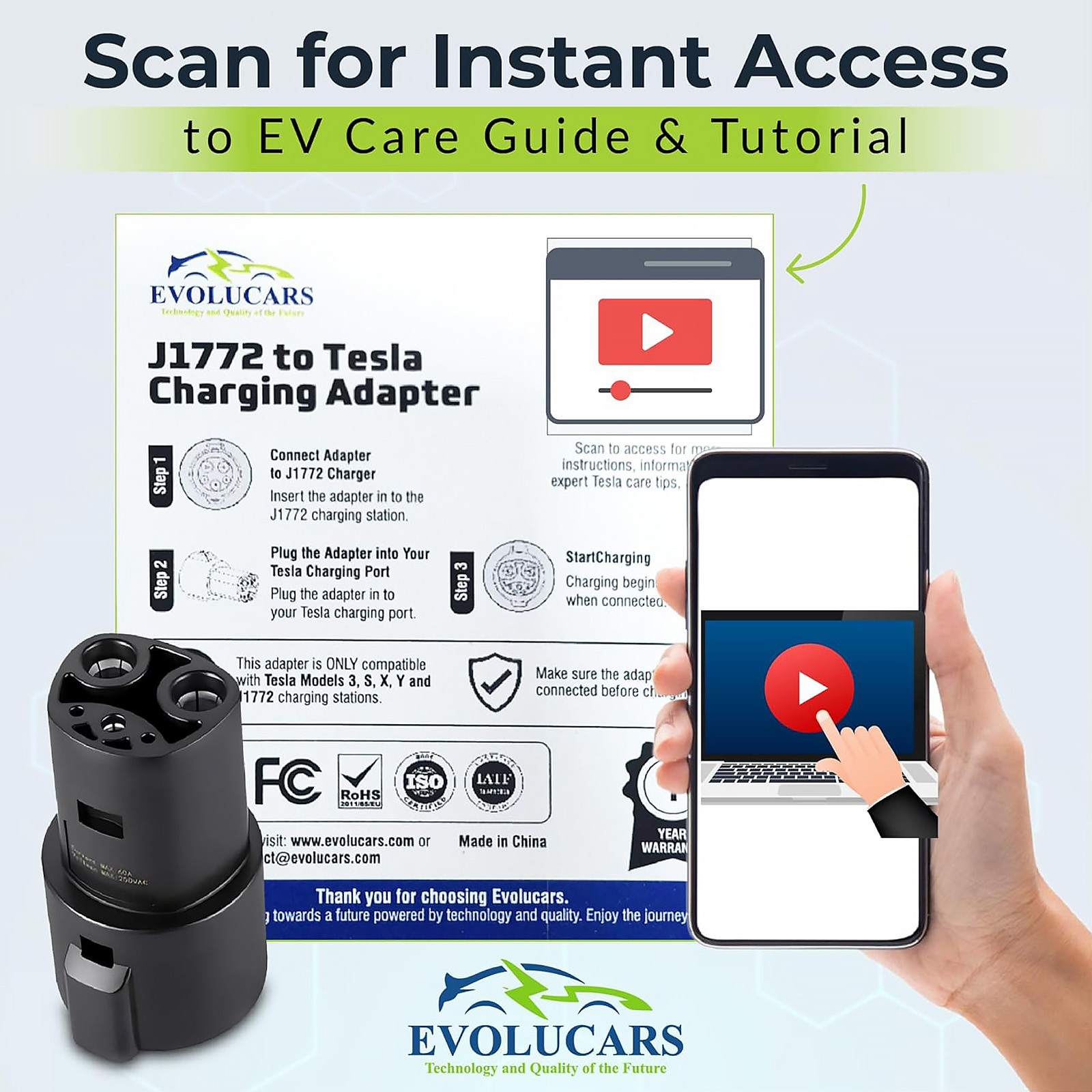 J1772 to Tesla Adapter [4 Safety Certifications] Includes Video Tutorial & Battery Care Guide-Tesla Charger Adapter Compatible with Tesla Model 3/Y/X/S