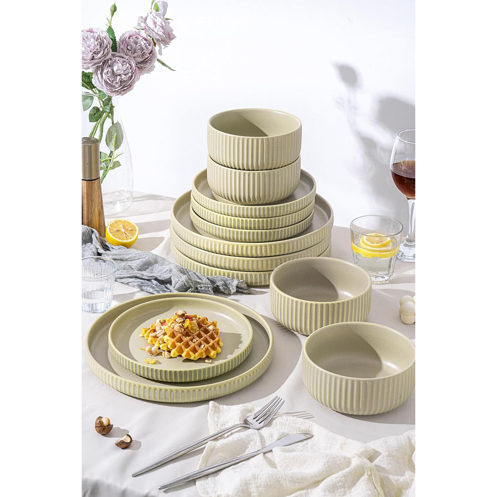FOBENTA Dinnerware Sets for 4,Microwave Safe Plates and Bowls Sets,12 Piece Dylan Dish Set,Reactive Glaze Stoneware Dinnerware Set (Matte Reactive Glaze-Sage Green, Service for 4 (12pcs))