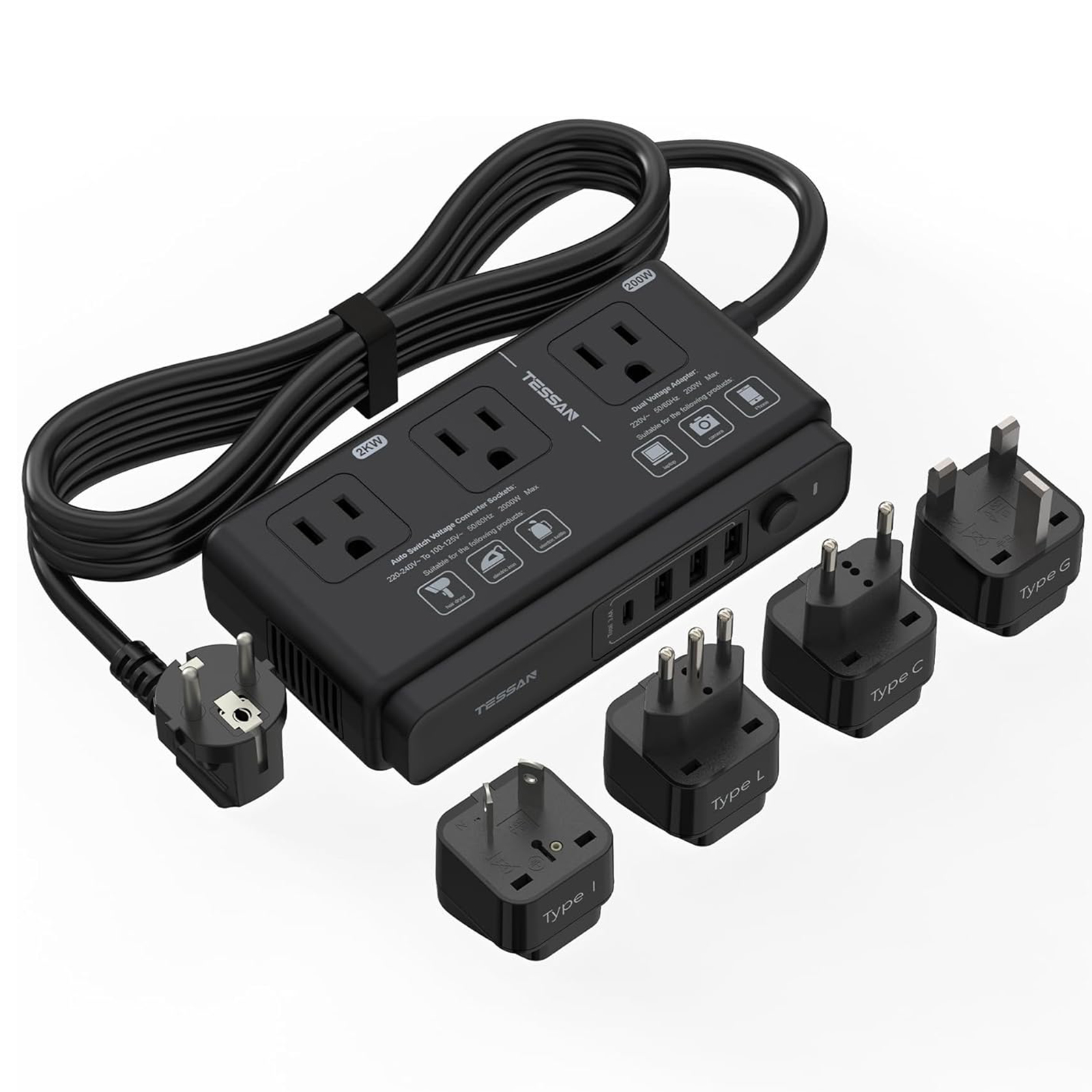 220V to 110V Voltage Converter, TESSAN Universal Travel Adapter with 4 USB Charger (1 USB C), 3 AC Sockets and EU/UK/AU/IT Plug Power Adaptor, Step Down Transformer Outlet Converters for International (Black)
