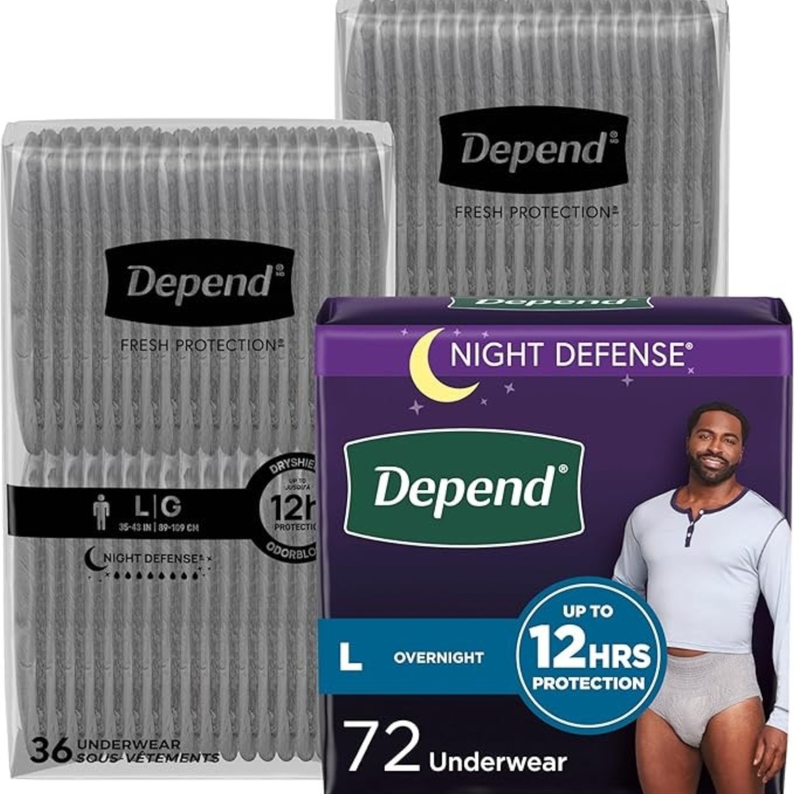Depend Night Defense Adult Incontinence Underwear for Men, Disposable, Overnight, Large, Grey, 72 Count, Packaging May Vary