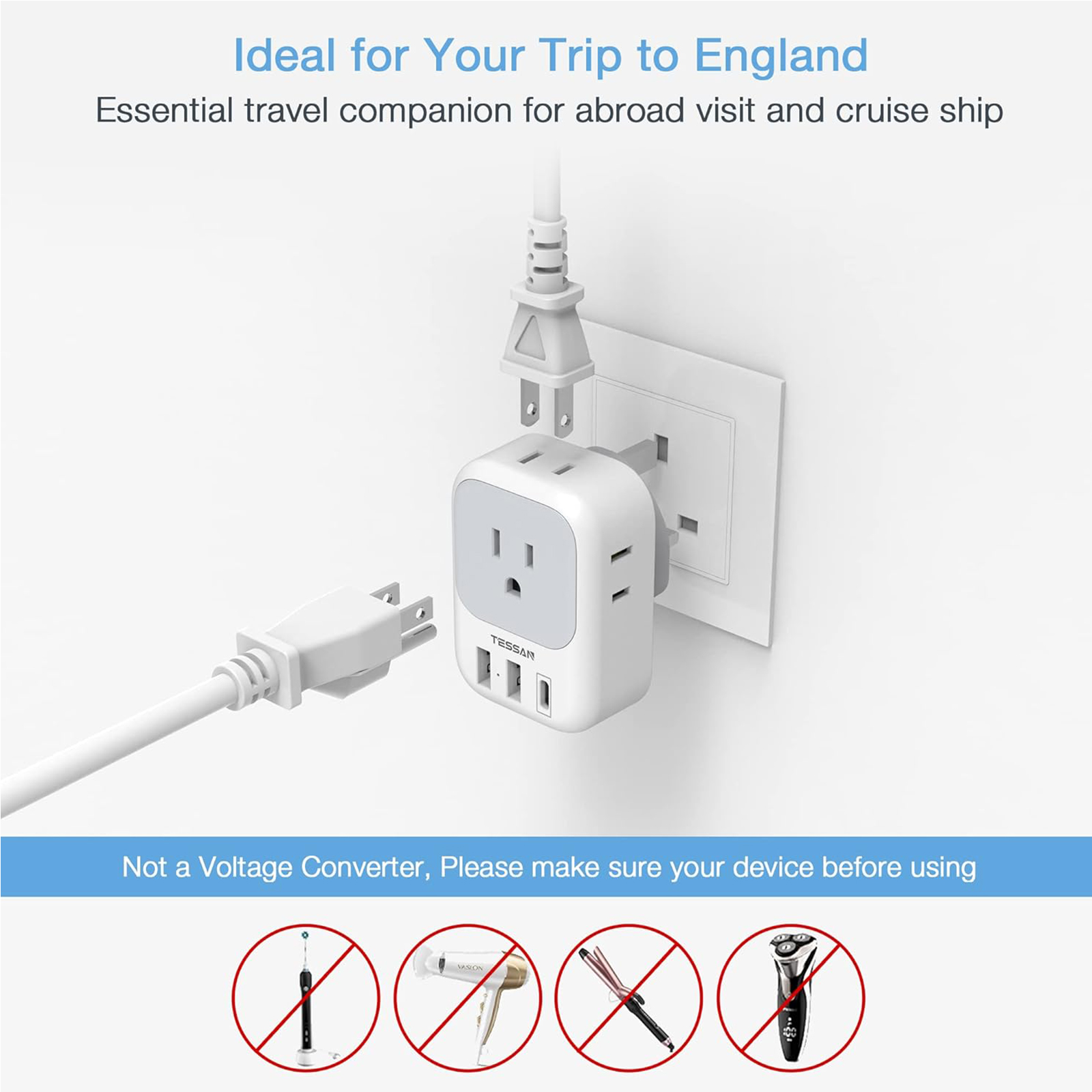 UK Adapters for Travel 2 Pack, TESSAN Type G US to UK Plug Adapter with 4 Outlets 3 USB Charger(1 USB C Port), Power Adaptor for USA to Ireland Scotland Dubai Hong Kong England British Kenya London