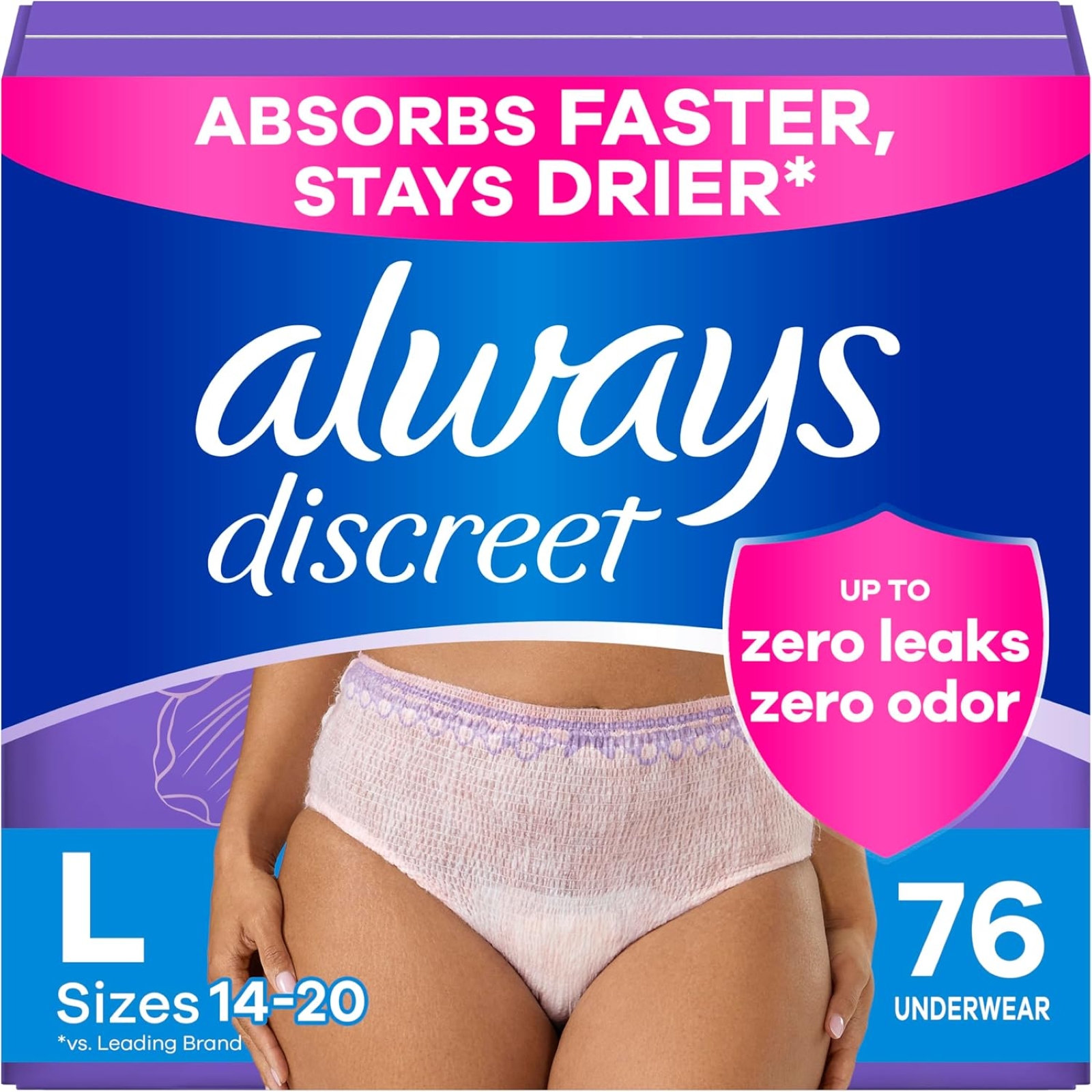 Always Discreet Adult Incontinence Underwear for Women and Postpartum Underwear, L, Up to 100% Bladder Leak Protection, 76 Count (Packaging May Vary)