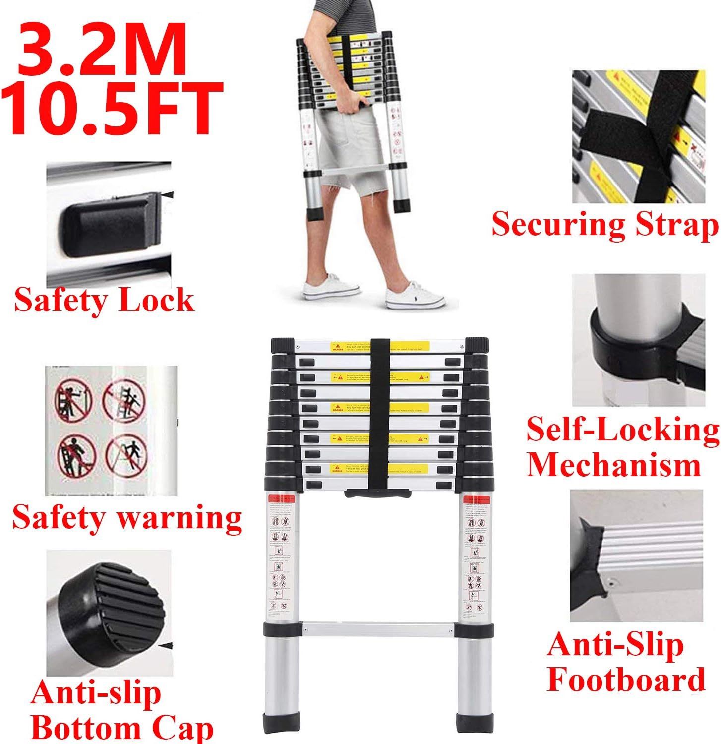 Aluminum Telescopic Extension Ladder 3.2M 10.5 Ft - Heavy Duty