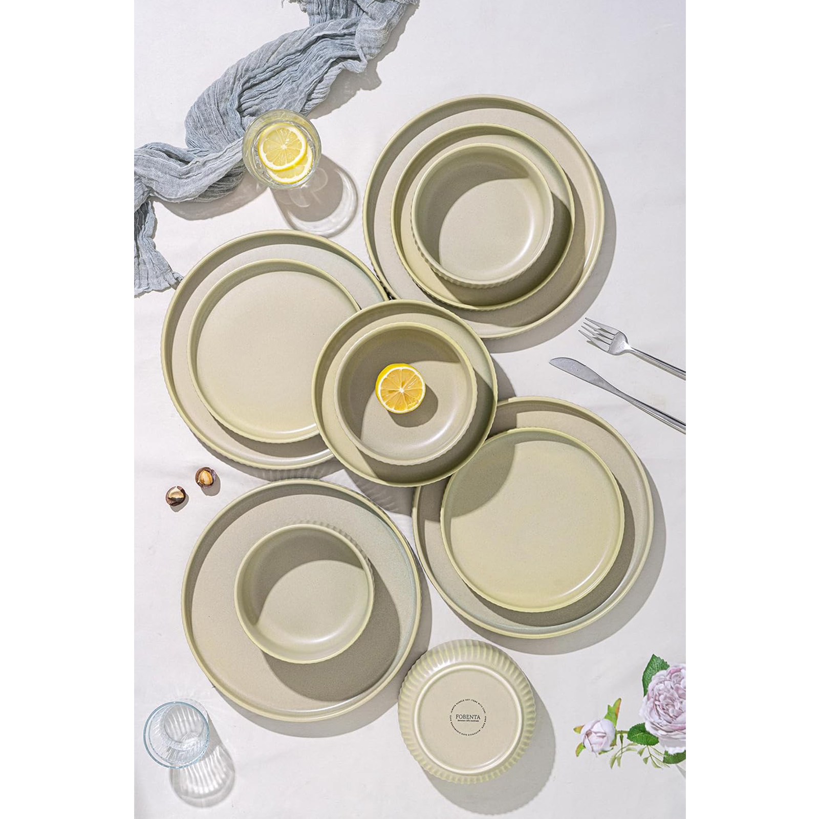 FOBENTA Dinnerware Sets for 4,Microwave Safe Plates and Bowls Sets,12 Piece Dylan Dish Set,Reactive Glaze Stoneware Dinnerware Set (Matte Reactive Glaze-Sage Green, Service for 4 (12pcs))