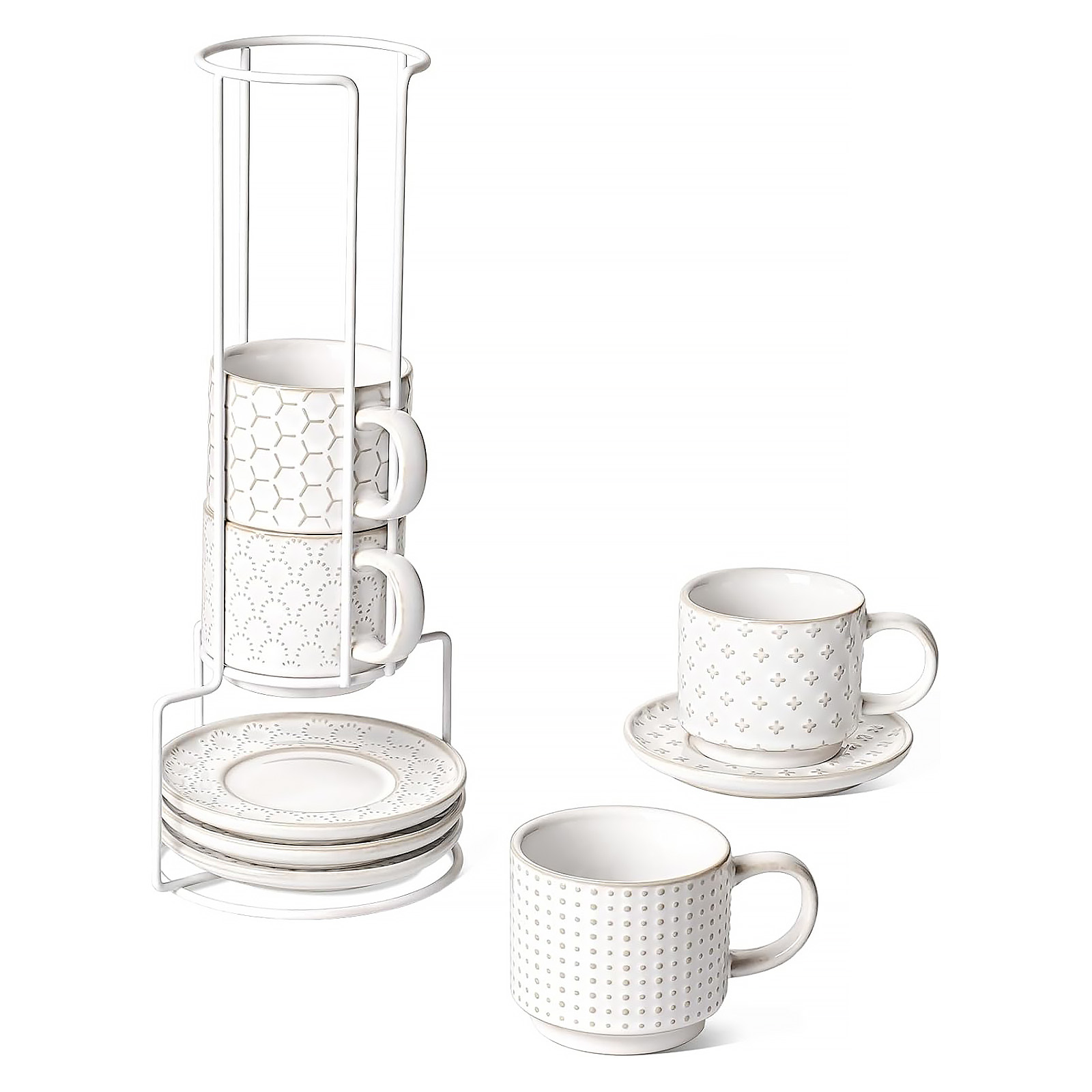 LE TAUCI Stackable Espresso Cups with Saucers and Stand, Set of 4, Arctic white