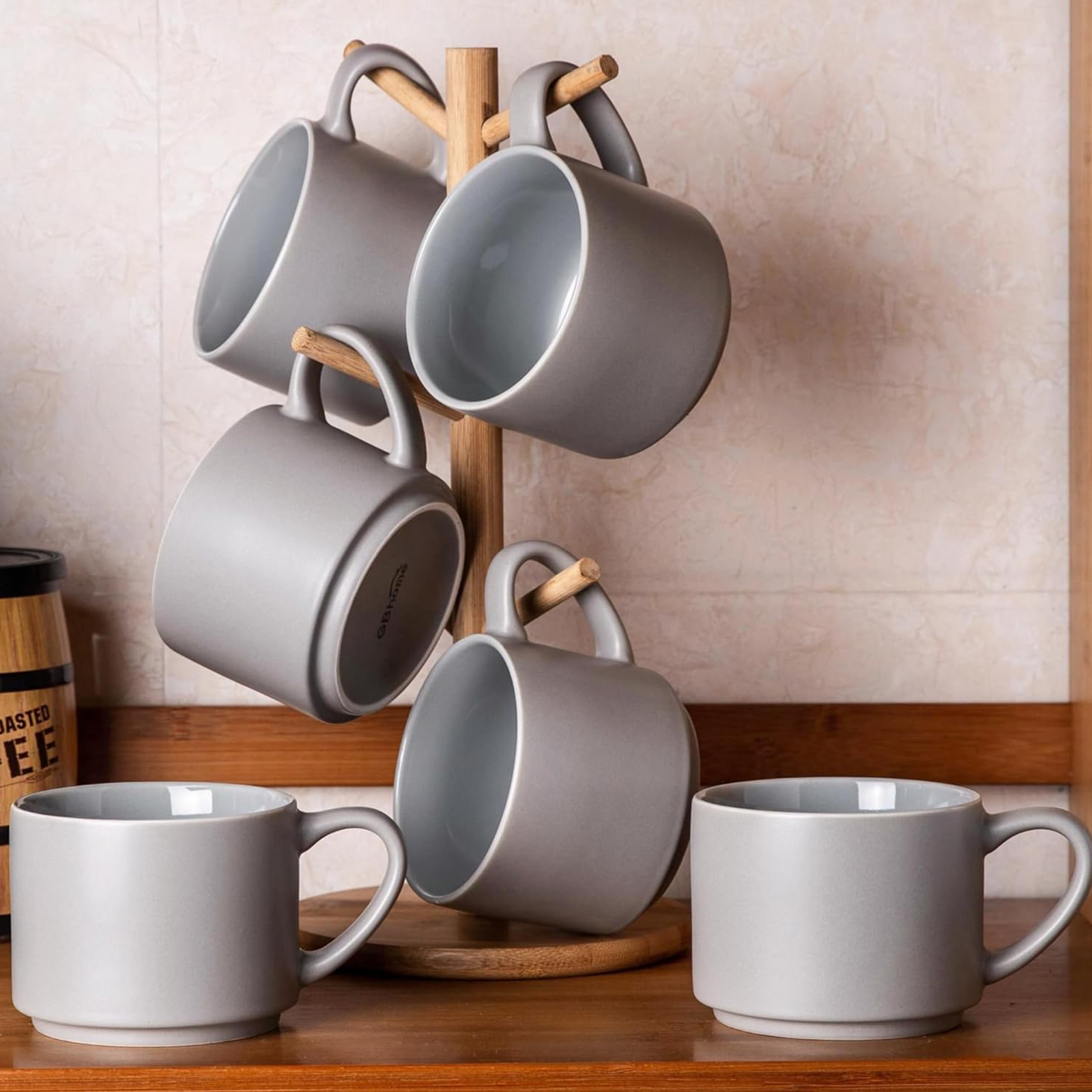 GBHOME 14 OZ Coffee Mugs Set of 6, Stackable Ceramic Mugs for Men, Women, Modern Coffee Mugs With Stable Base for Latte, Tea, Cappuccino. Dishwasher & Microwave Safe, Matte Gray