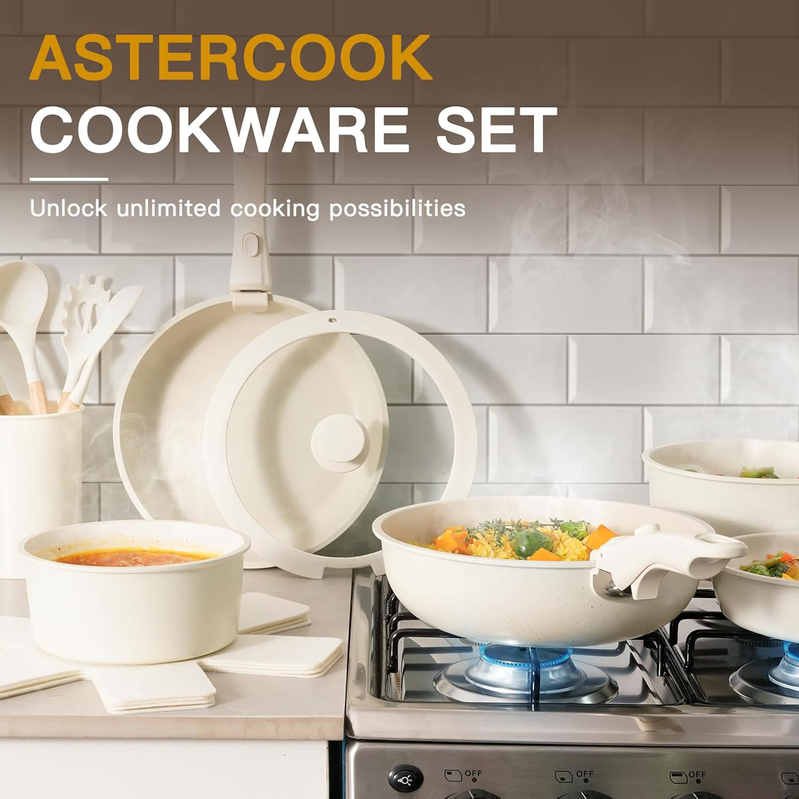 Astercook 21 Pcs Pots and Pans Set Non Stick, Ceramic Cookware Set Detachable Handle, RV Kitchen Cooking Set Removable Handles, Oven Safe, Induction Ready, Stackable Non-stick Set, Cream White