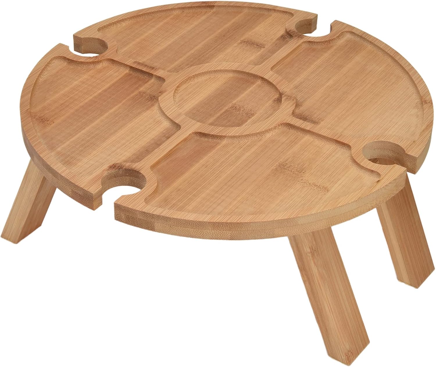 Jauarta Portable Bamboo Wine Table, Wooden Outdoor Folding Picnic Table with Wine Glass Holder, Portable Camping Wine Table Snack Tray