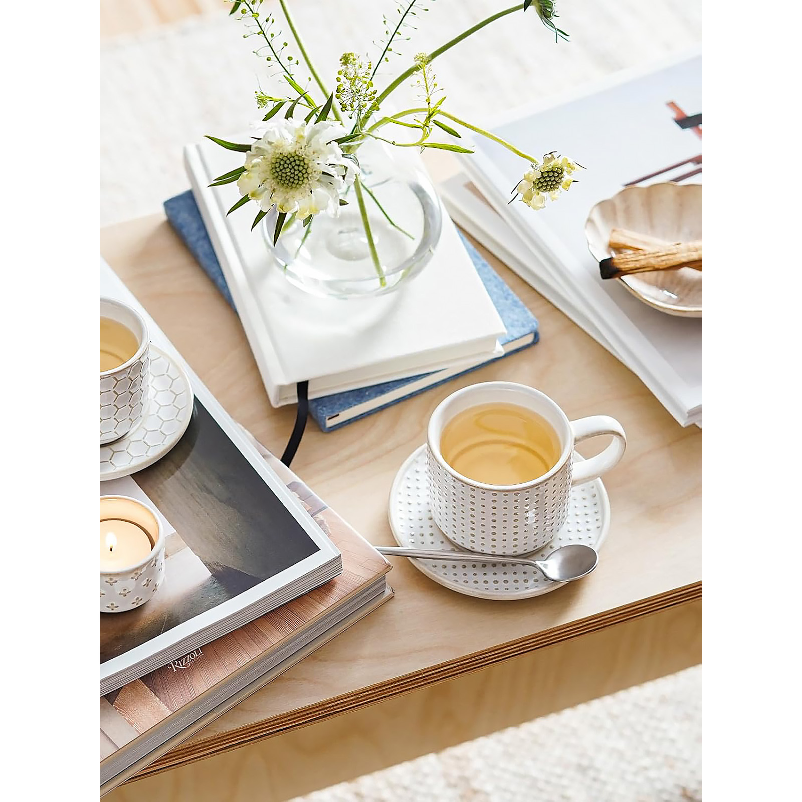 LE TAUCI Stackable Espresso Cups with Saucers and Stand, Set of 4, Arctic white