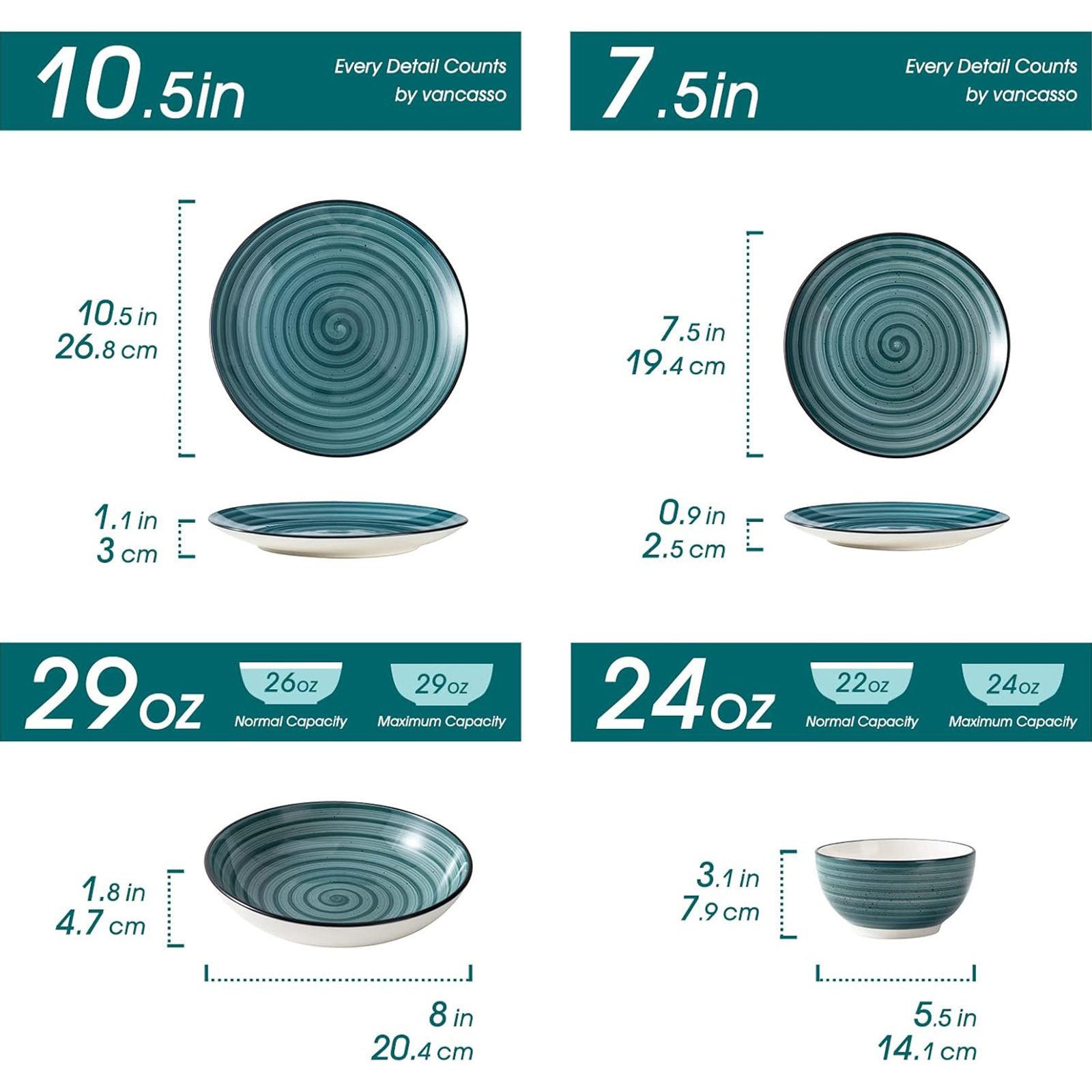 vancasso Bonbon Green Dinnerware Set 24 Pieces Stoneware, Handpainted Spirals Pattern Ceramic Combination Set with Dinner Plate/Dessert Plate/Soup Plate/Bowl, Service for 6