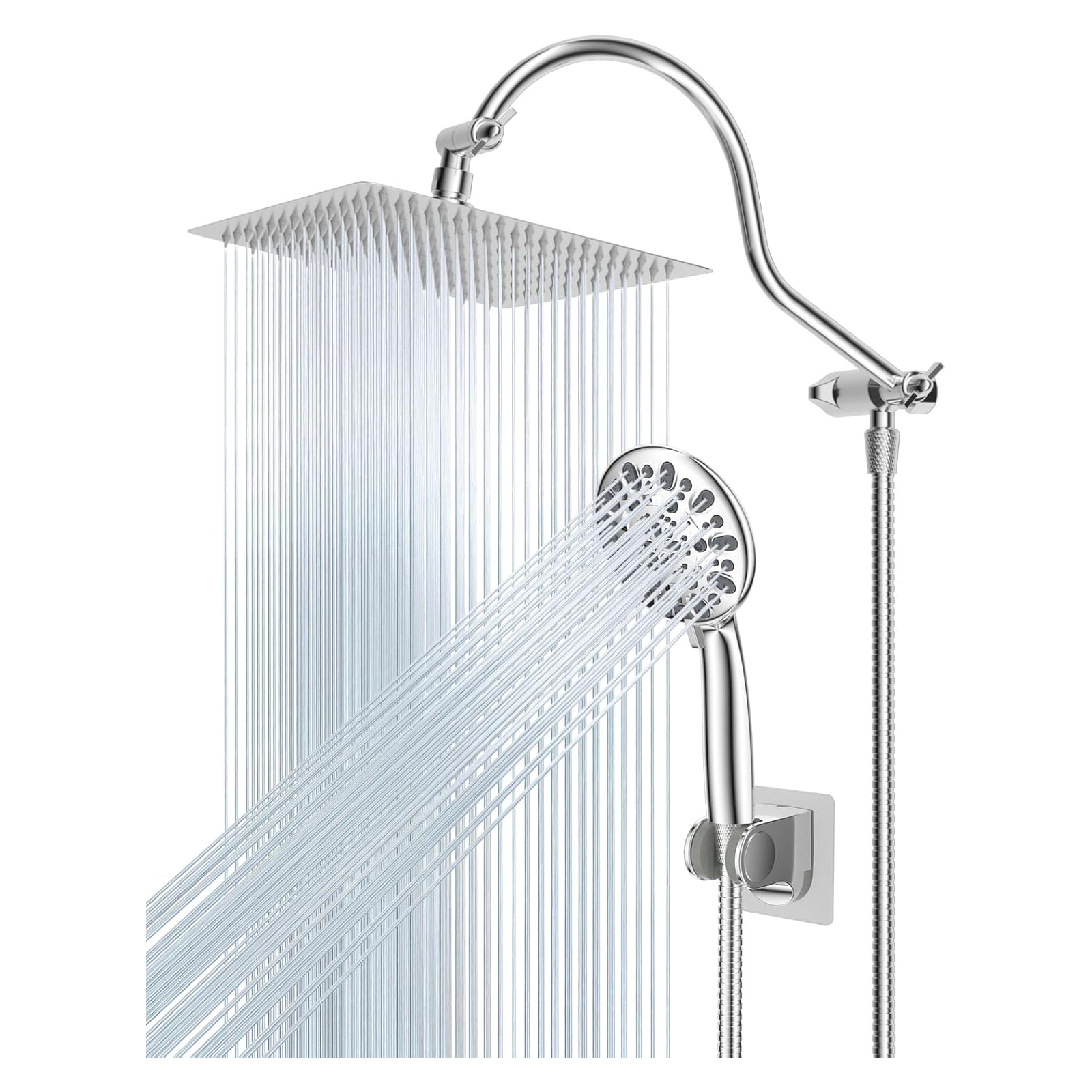 Hibbent 12'' All Metal Shower Head, High Pressure Rainfall Shower Head, Handheld Showerhead Combo, 12'' Adjustable Curved Shower Extension Arm, 7-Spray, 71'' Hose, Adhesive Showerhead Holder, Chrome