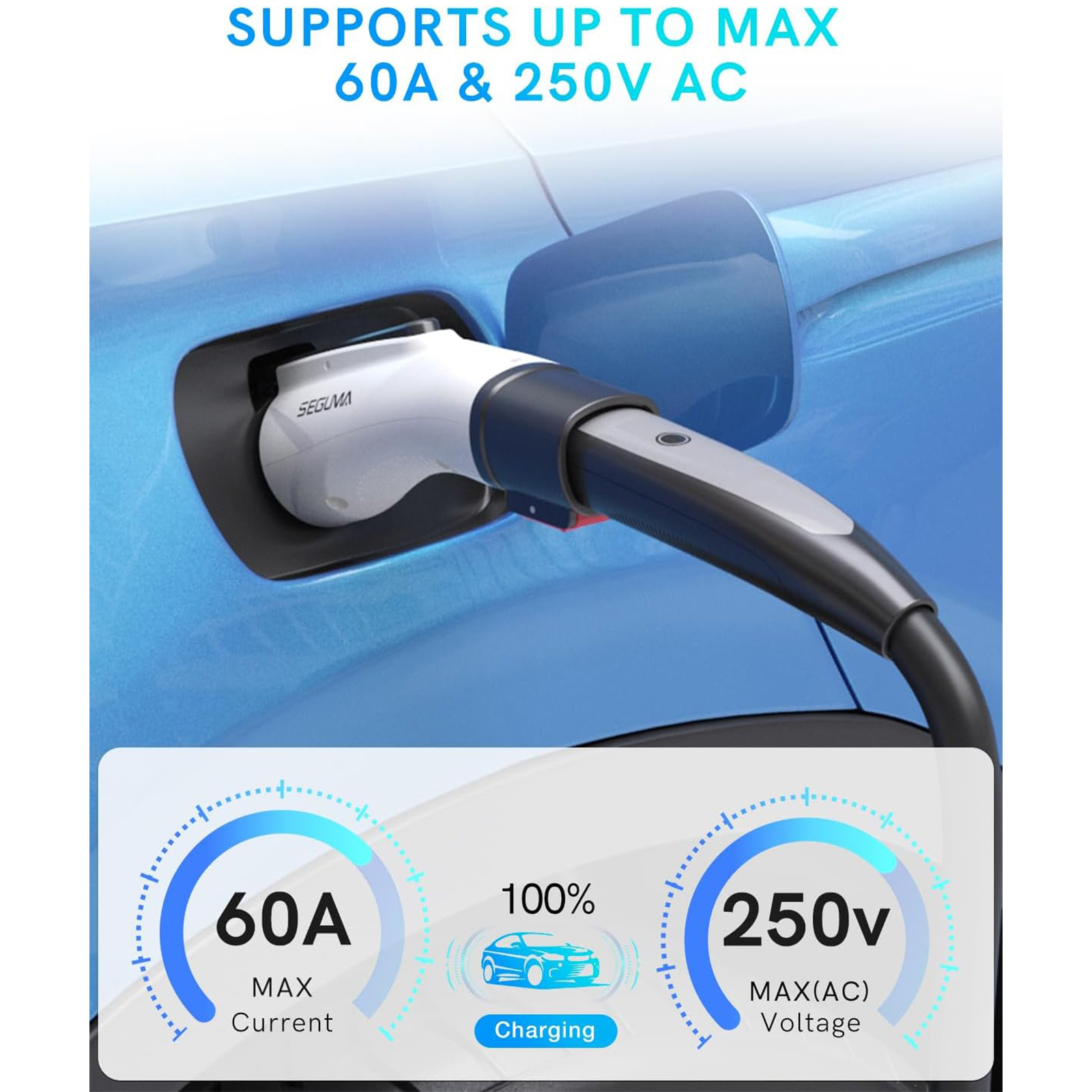 Seguma - Tesla to J1772 EV Charging Adapter, 60A 250V w/ Lock, White