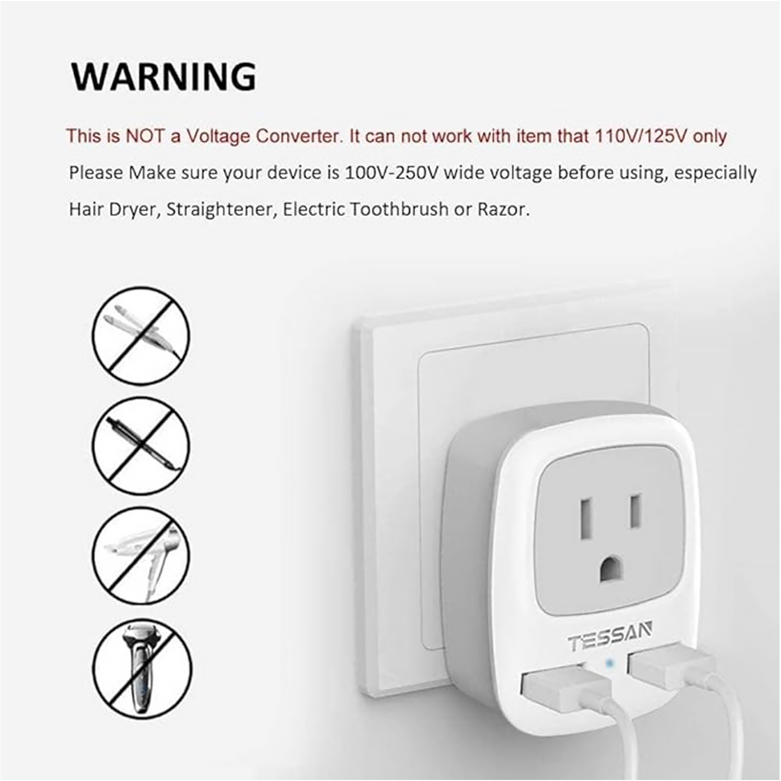 TESSAN Australia New Zealand Travel Power Adapter, Type I Plug Adapter with 2 USB & 1 American Grounded Outlet, Adaptor for US to Fiji Argentina China, 3 Pack