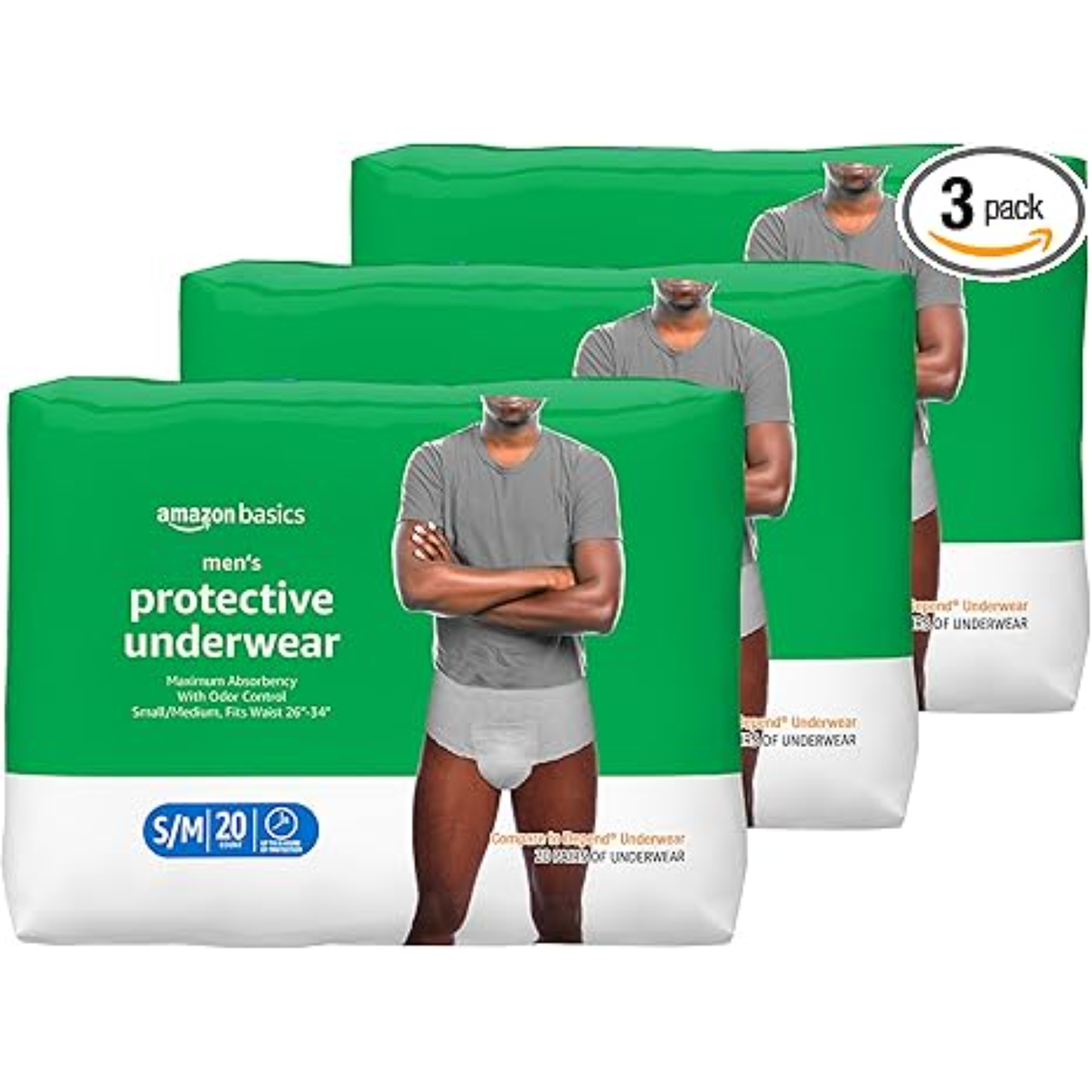 Amazon Basics Incontinence Underwear for Men, Maximum Absorbency, Small/Medium, 20 Count (3 Pack)