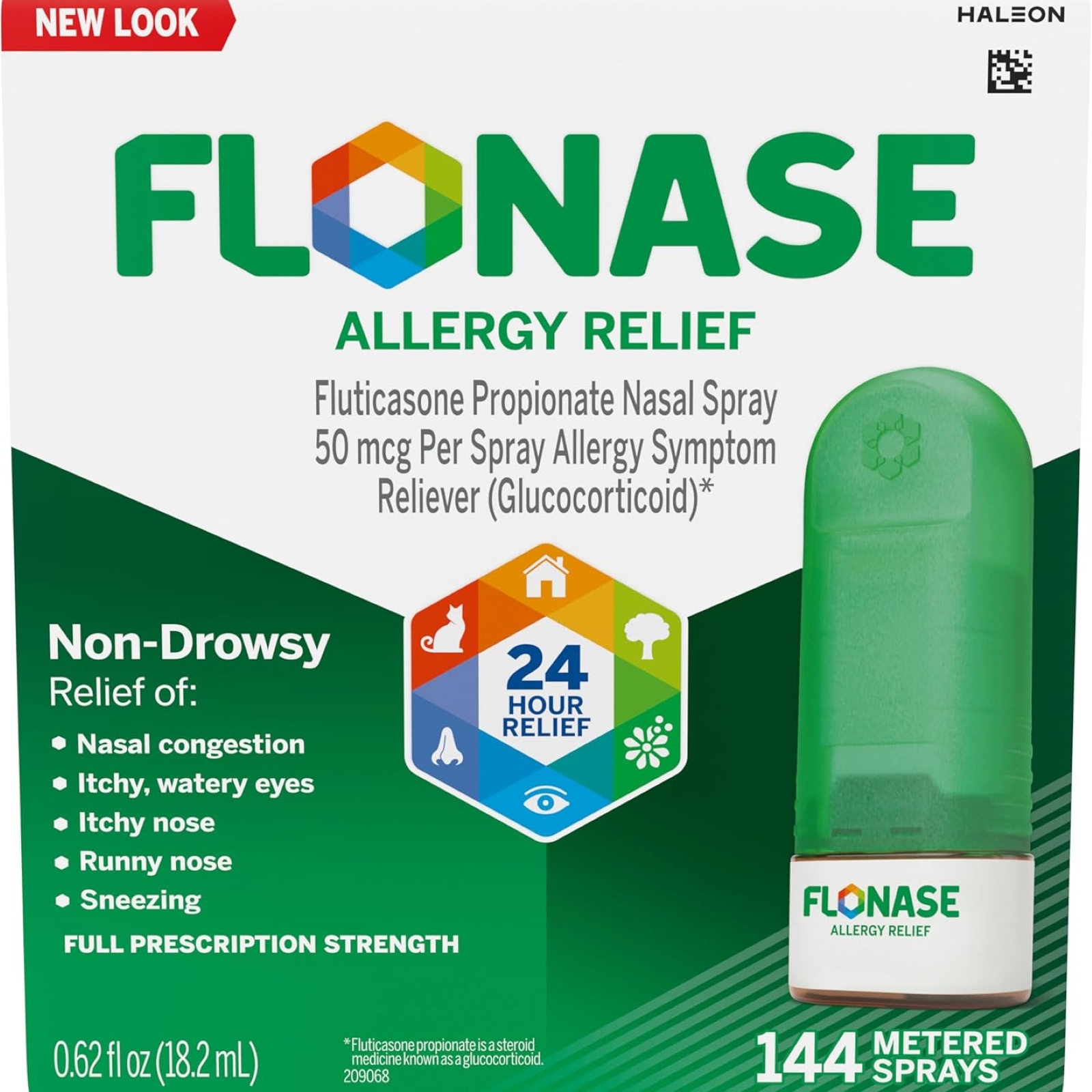 Flonase Allergy Relief Nasal Spray, 24 Hour Non Drowsy Allergy Medicine, Metered Nasal Spray - 144 Sprays- Fall and Seasonal Allergy Relief