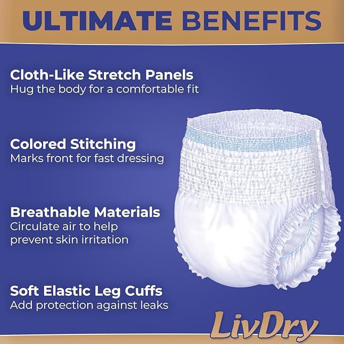 LivDry Ultimate Adult Incontinence Underwear, High Absorbency, Leak Cuff Protection, Small, 18-Pack