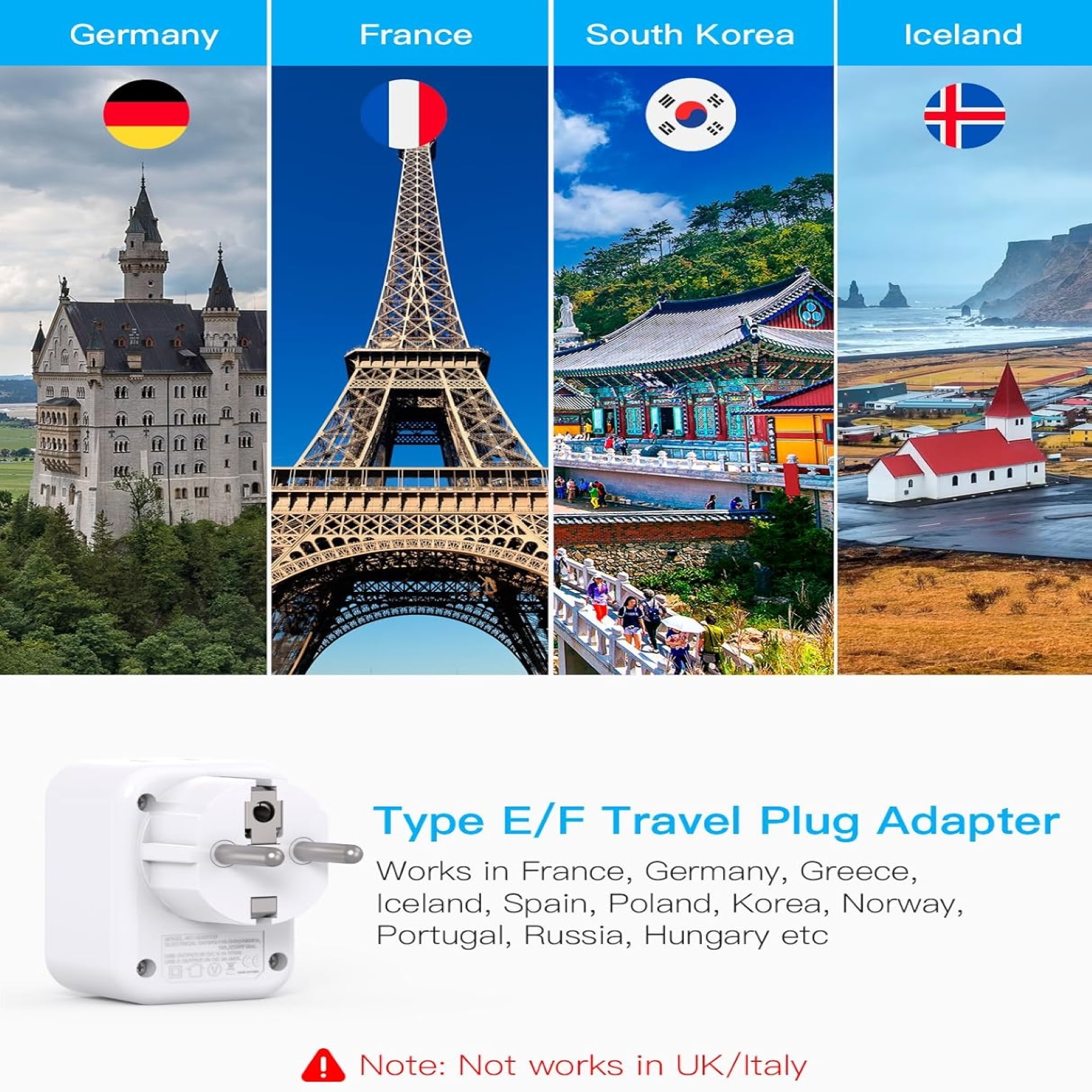 Type E F Plug Adapter, HANYCONY Germany France Travel Plug Adapter with 2 Outlets 3 USB Ports(2 USB C)，Schuko Plug Power Adaptor for US to Europe EU Spain Iceland Korea Greece German French