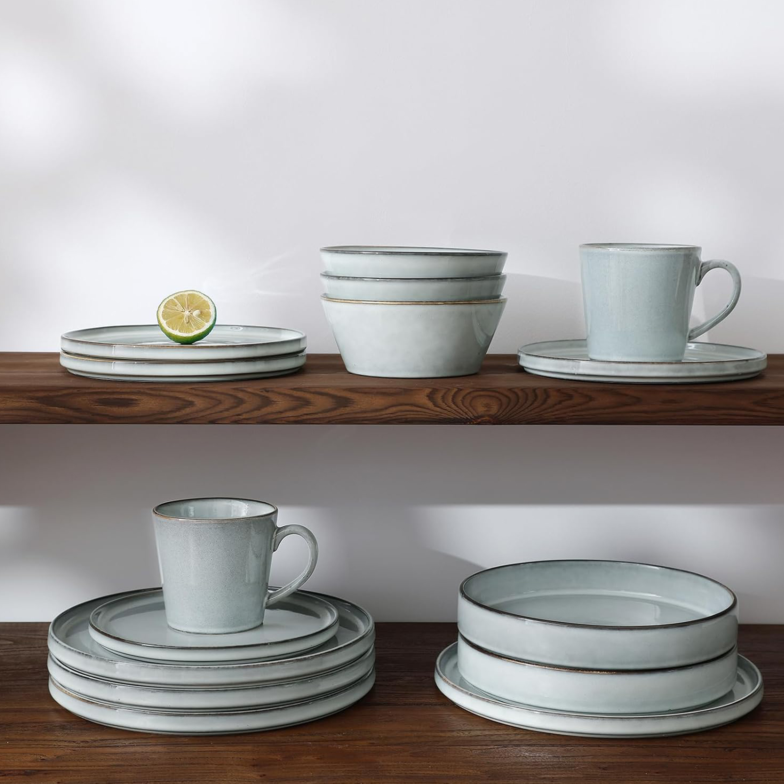 Famiware Annecy Plates and Bowls Sets, Stoneware Dinnerware Sets for 4, 12 Pieces Dish Set with Lipped Edges, Chip and Scratch Resistant, Microwave and Dishwasher Safe, Grey-Blue