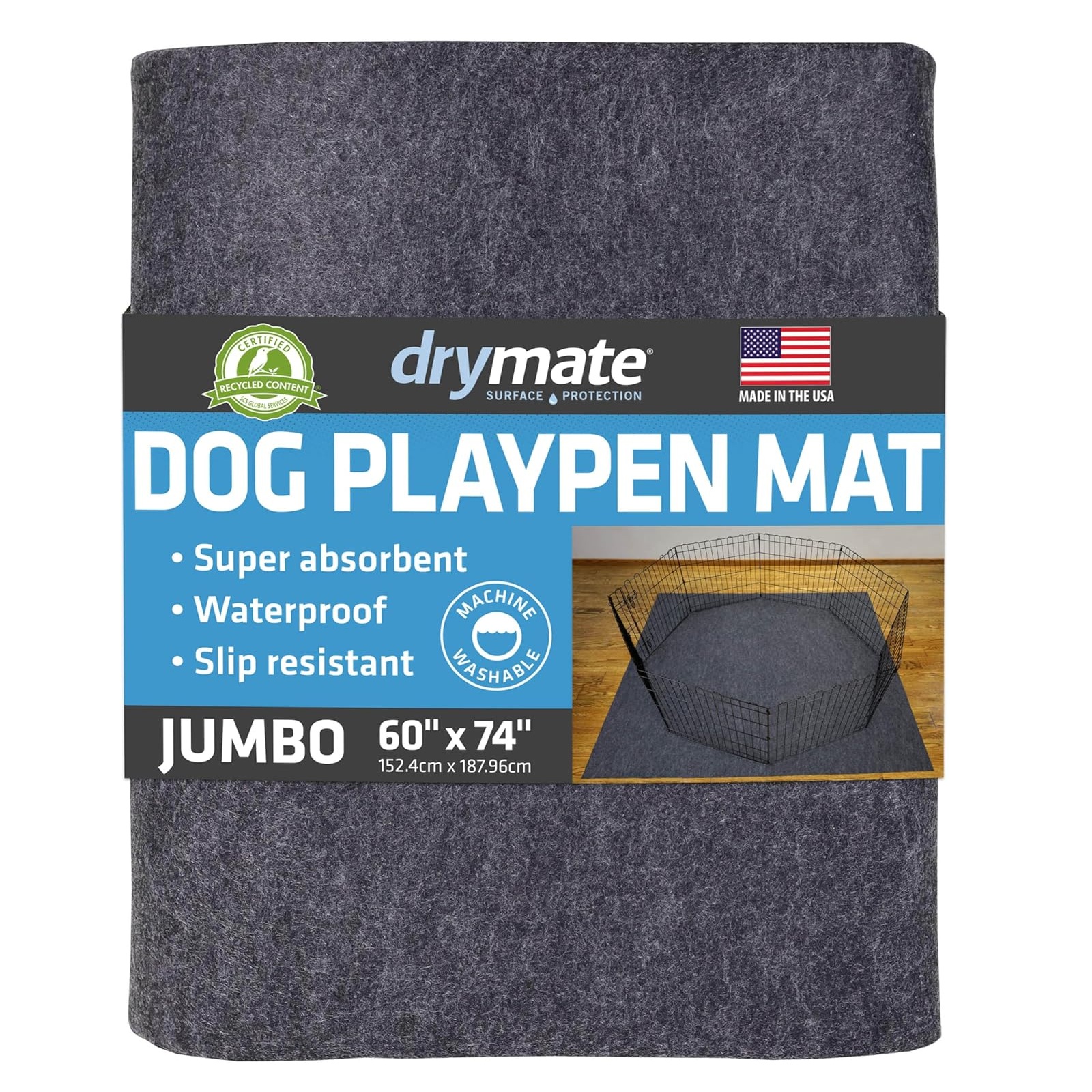 Drymate Dog Playpen Mat, Absorbent, Waterproof, Non-Slip, Machine Washable, Jumbo XXL Size (60x74), Reusable Puppy Pad for Training, Whelping, Housebreaking, Incontinence, and Crate/Kennel (USA Made)