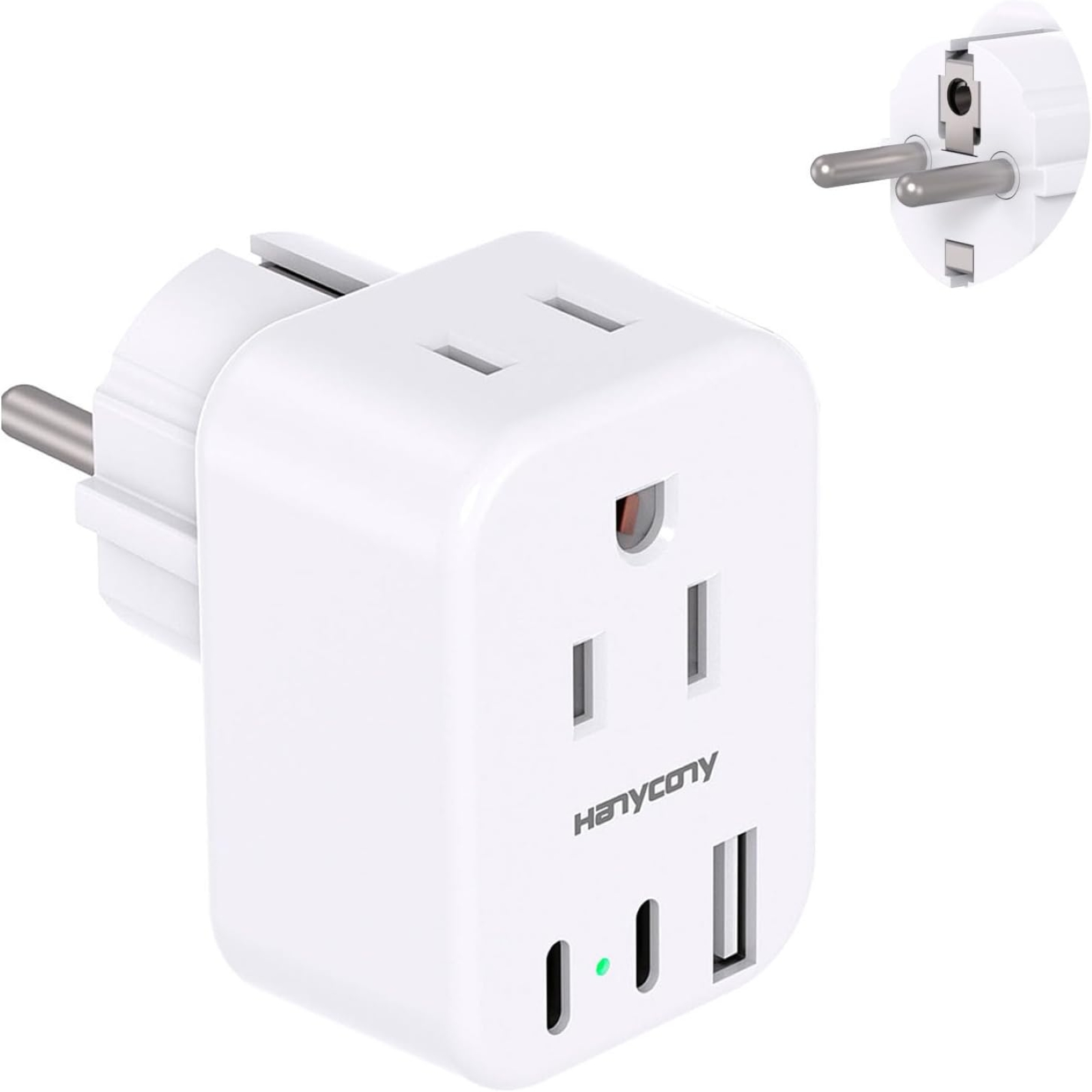 Type E F Plug Adapter, HANYCONY Germany France Travel Plug Adapter with 2 Outlets 3 USB Ports(2 USB C)，Schuko Plug Power Adaptor for US to Europe EU Spain Iceland Korea Greece German French