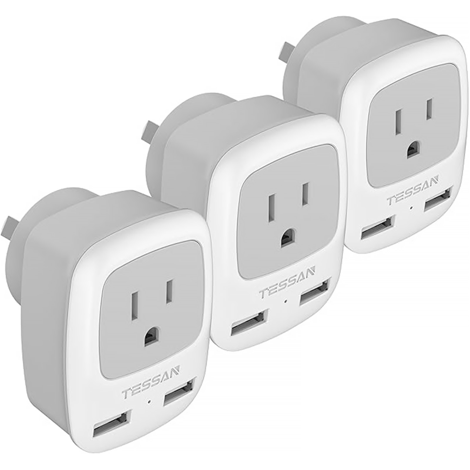 TESSAN Australia New Zealand Travel Power Adapter, Type I Plug Adapter with 2 USB & 1 American Grounded Outlet, Adaptor for US to Fiji Argentina China, 3 Pack