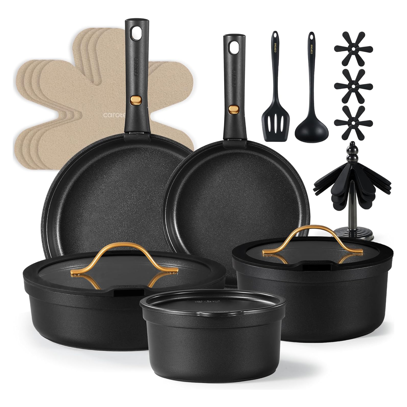 CAROTE 20pcs Pots and Pans Set Non Stick, Nonstick Cookware Set, Dishwasher, Oven, Fridge Safe Pots and Pans, Removable Handle RV Oven Safe Cookware, Induction Kitchen Set, Black