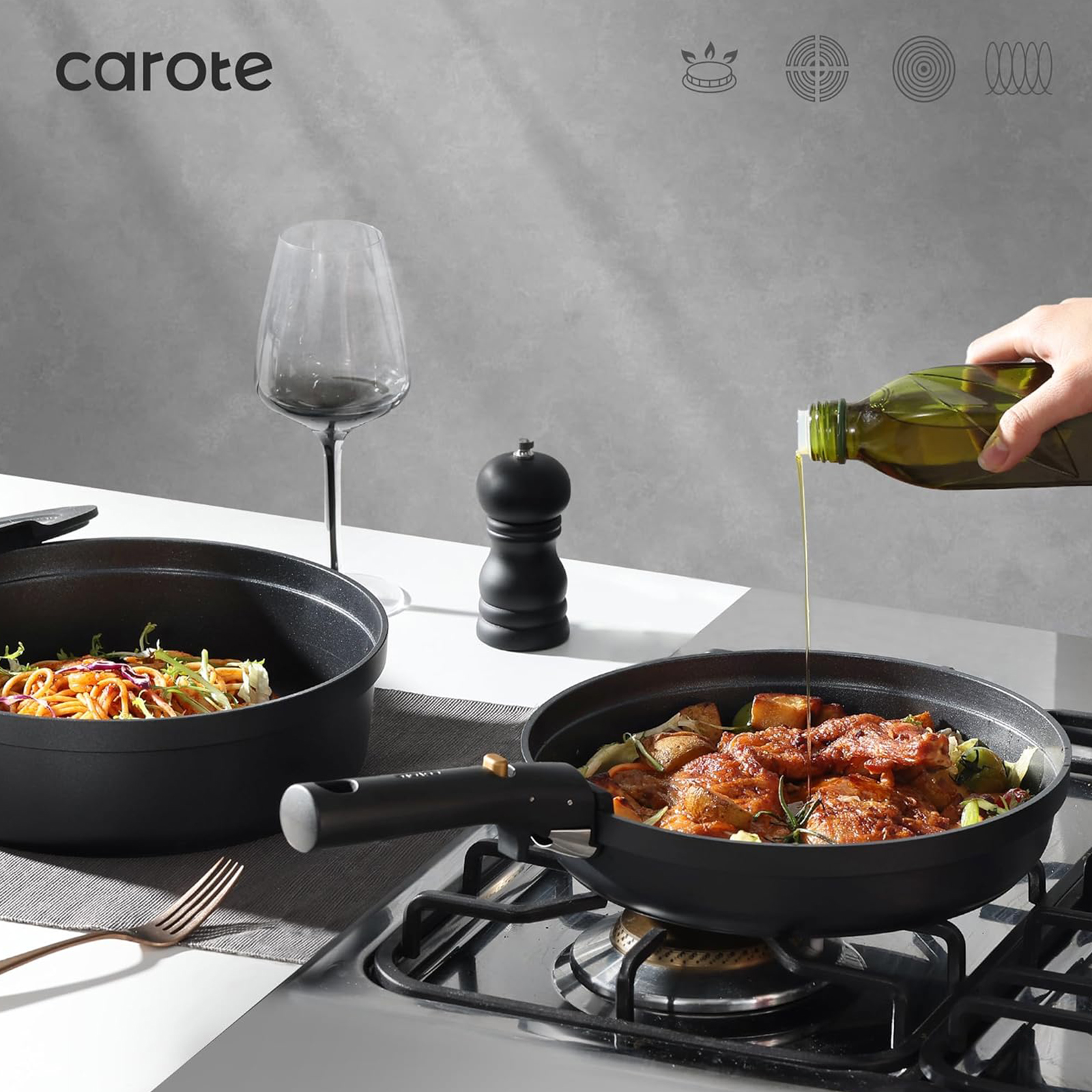 CAROTE 20pcs Pots and Pans Set Non Stick, Nonstick Cookware Set, Dishwasher, Oven, Fridge Safe Pots and Pans, Removable Handle RV Oven Safe Cookware, Induction Kitchen Set, Black