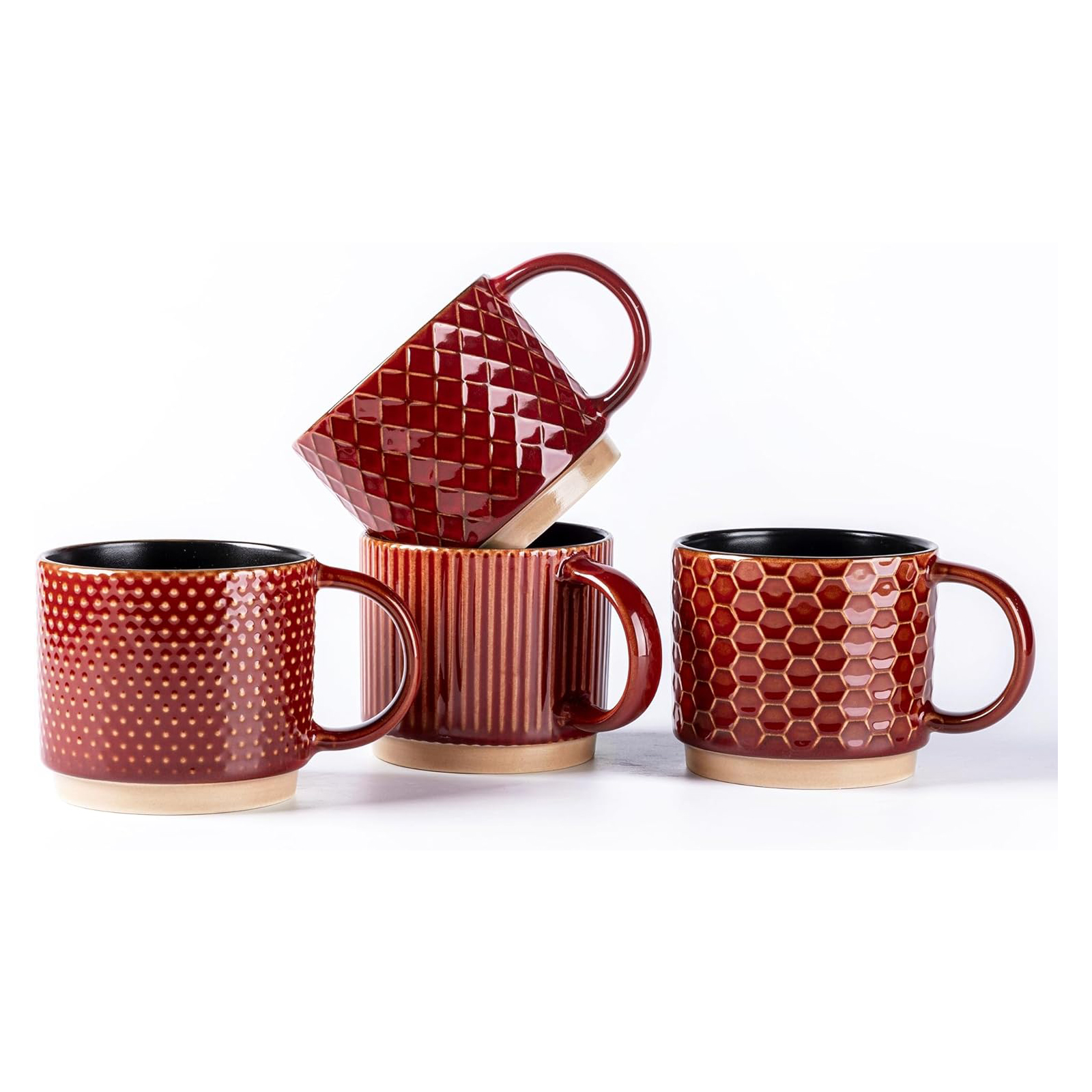GBHOME 8OZ Stackable Coffee Mugs, Ceramic Coffee Mugs with Texture Patterns Set of 4, Red