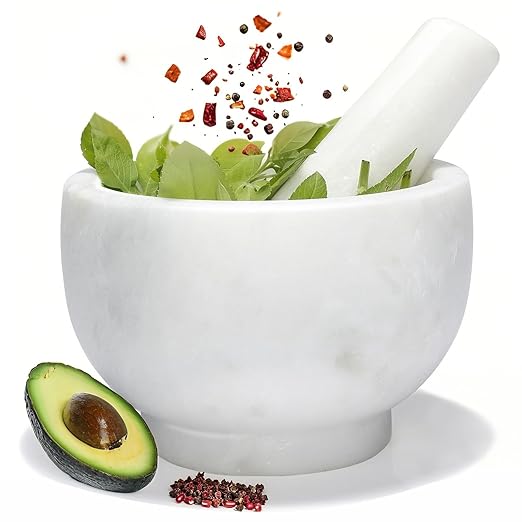 Koville Genuine Marble Mortar and Pestle Set, 5" African Stone Grinder for Kitchen, Molcajete, Guacamole, Salsa, Pill Crusher, Spice, Herb, Garlic, Nuts, Heavy Duty Grinder Bowl for Kitchen