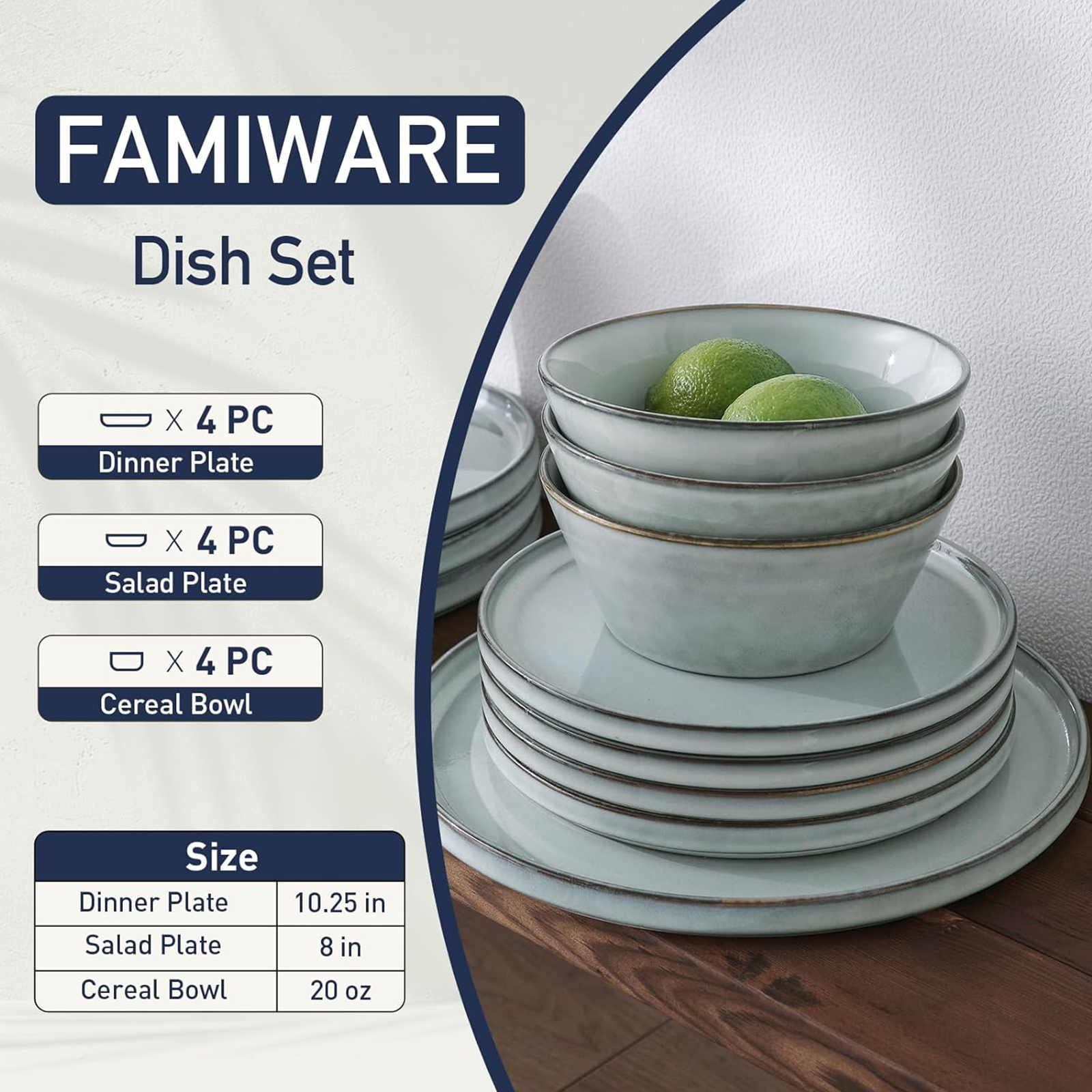 Famiware Annecy Plates and Bowls Sets, Stoneware Dinnerware Sets for 4, 12 Pieces Dish Set with Lipped Edges, Chip and Scratch Resistant, Microwave and Dishwasher Safe, Grey-Blue
