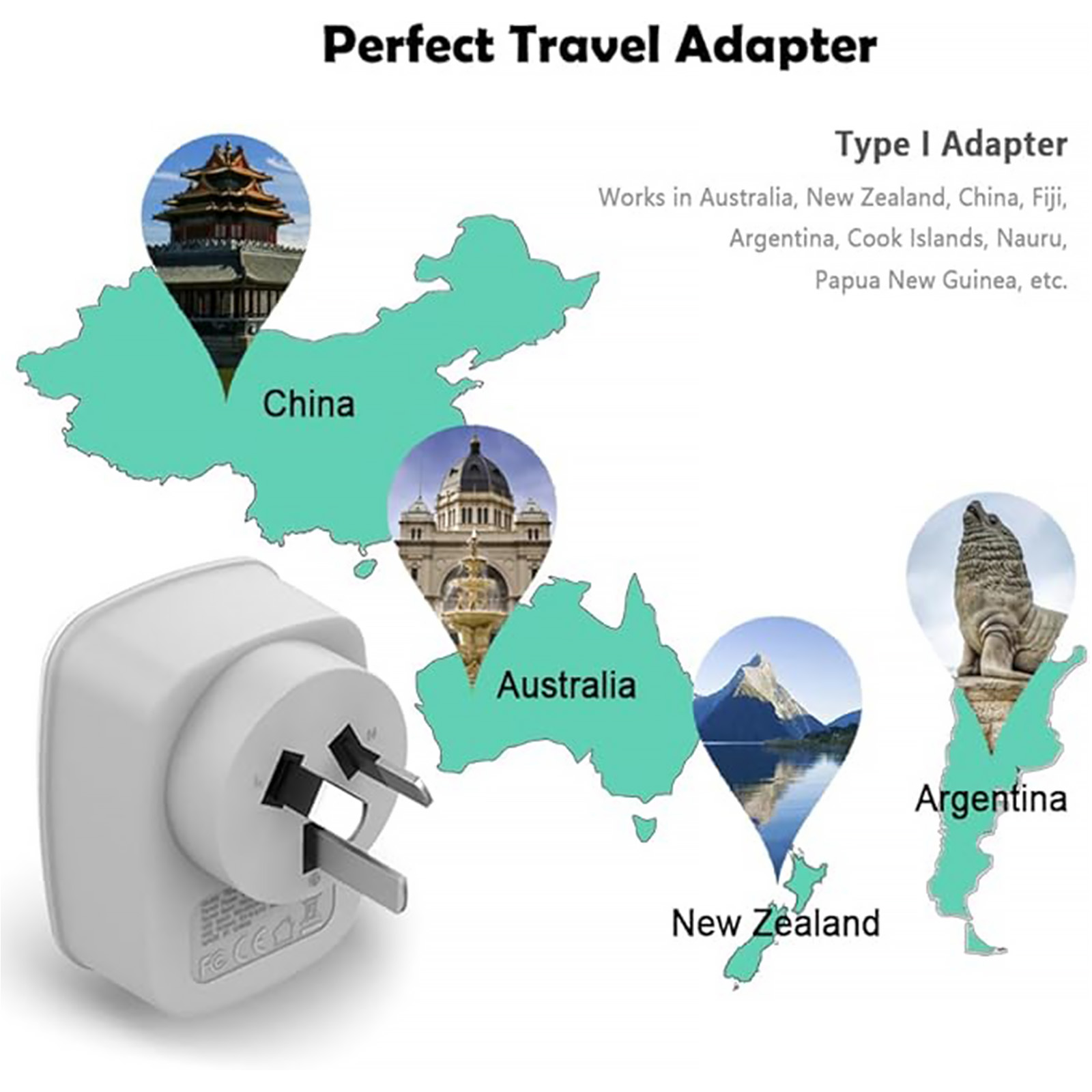 TESSAN Australia New Zealand Travel Power Adapter, Type I Plug Adapter with 2 USB & 1 American Grounded Outlet, Adaptor for US to Fiji Argentina China, 3 Pack