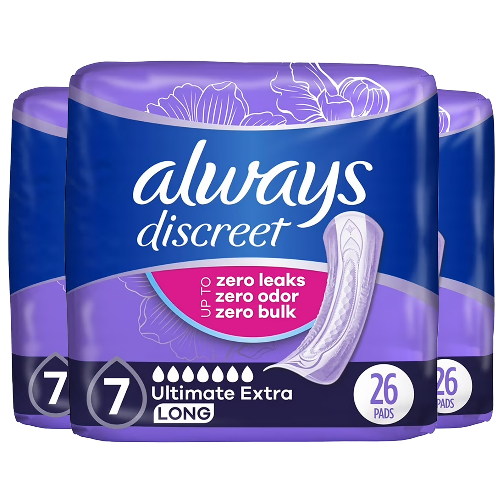 Always Discreet Adult Incontinence Pads 26 Ct, 7-Drop Extra Absorbency, 3 Pack